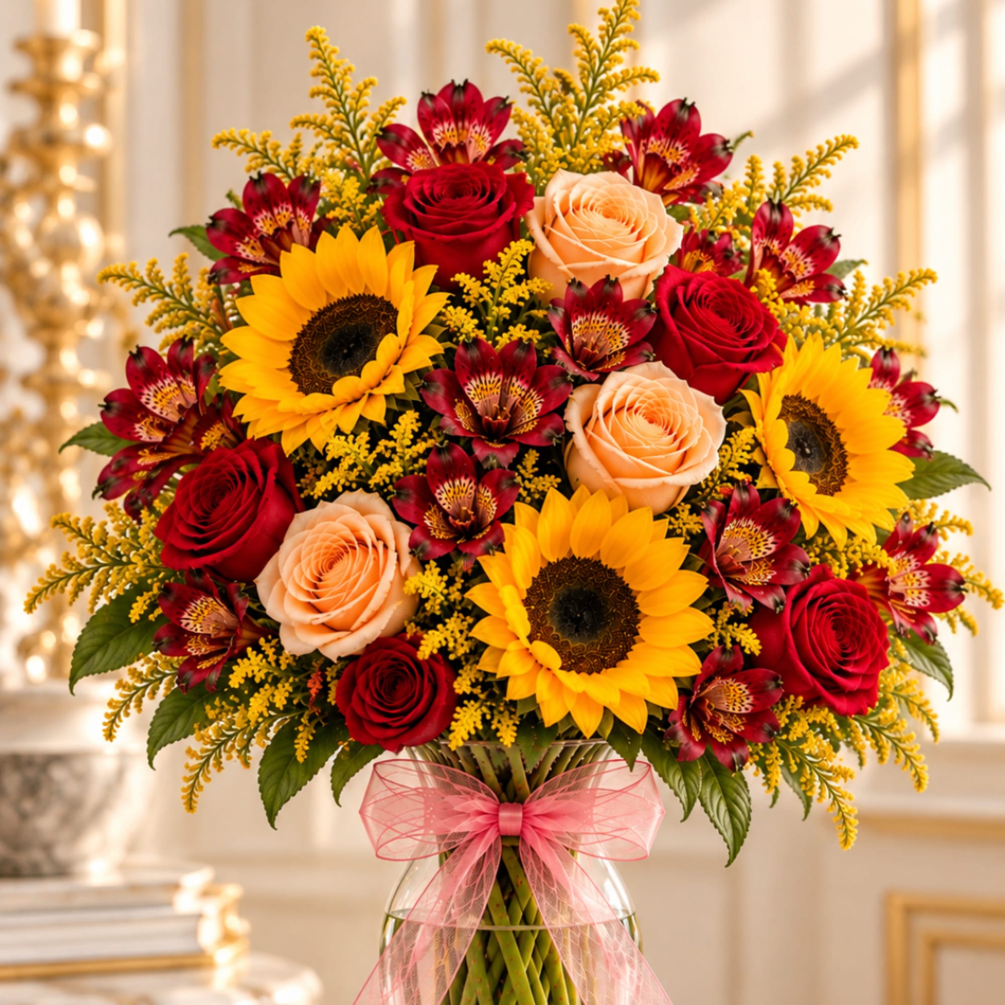 Bouquet of red and peach roses with sunflowers in a glass vase