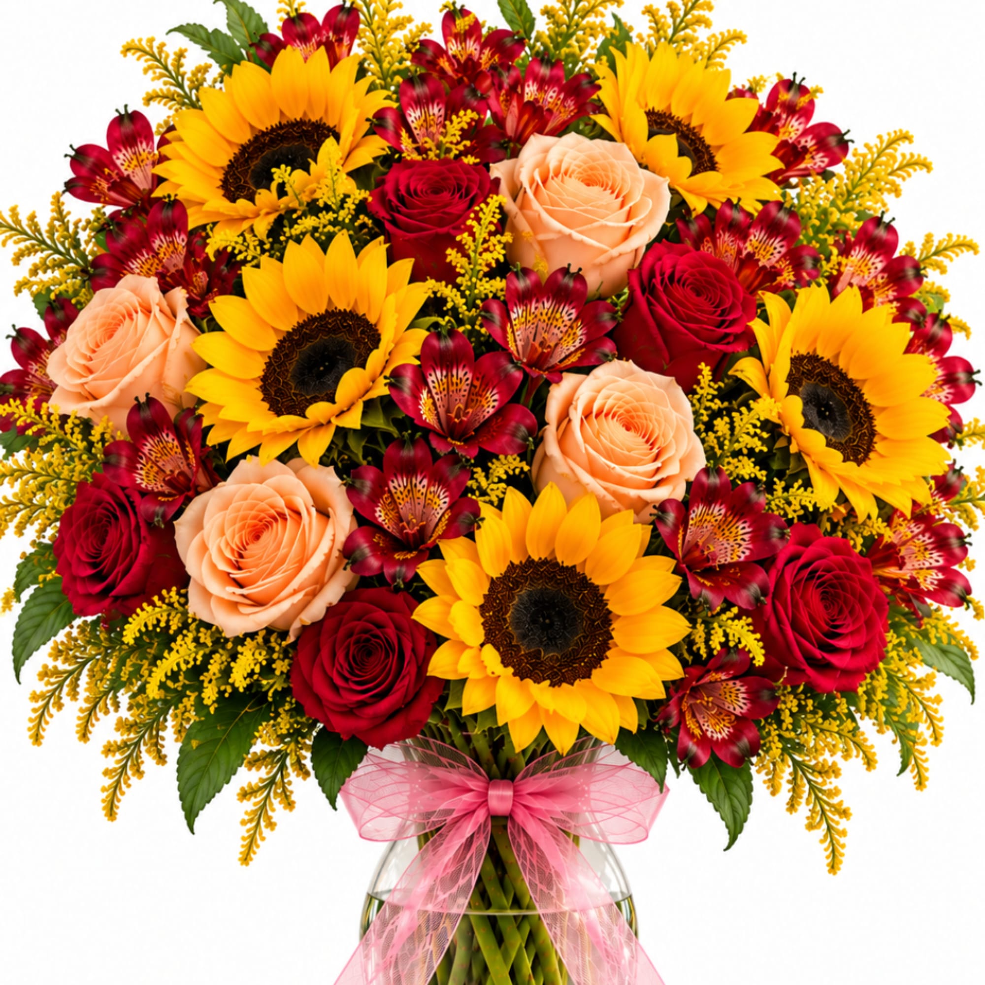 Bouquet of sunflowers, roses, and alstroemeria in a glass vase with a pink bow