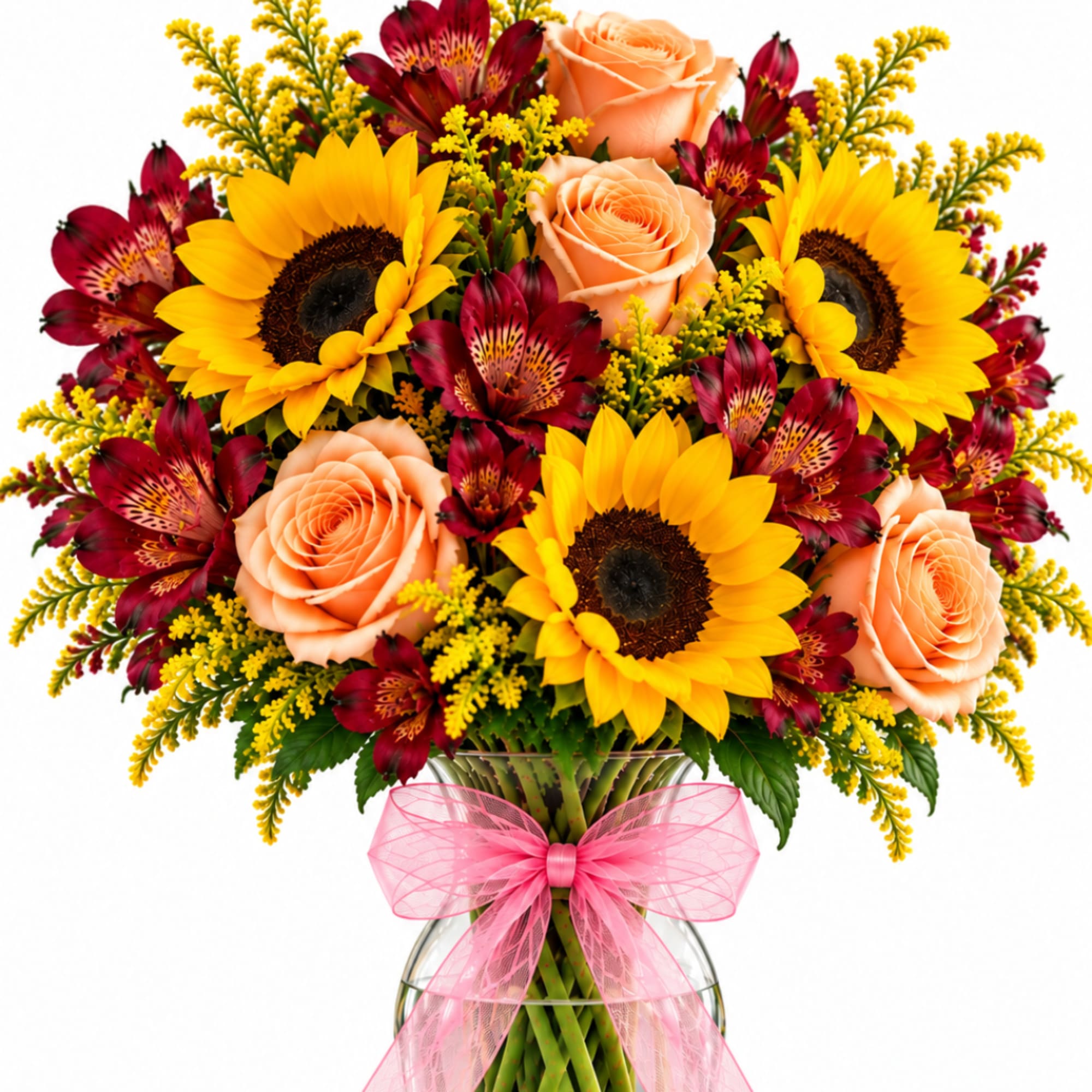 Bouquet of sunflowers, peach roses, and burgundy alstroemeria in a glass vase