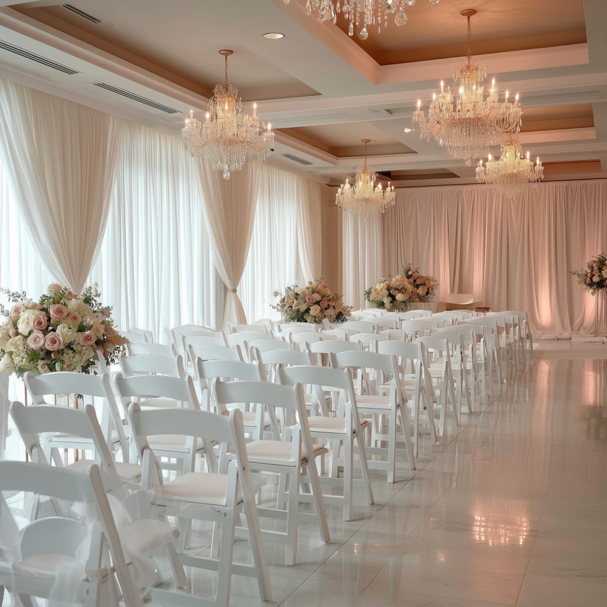 White chairs line a decorated ceremony aisle with pastel floral arrangements and chandeliers.