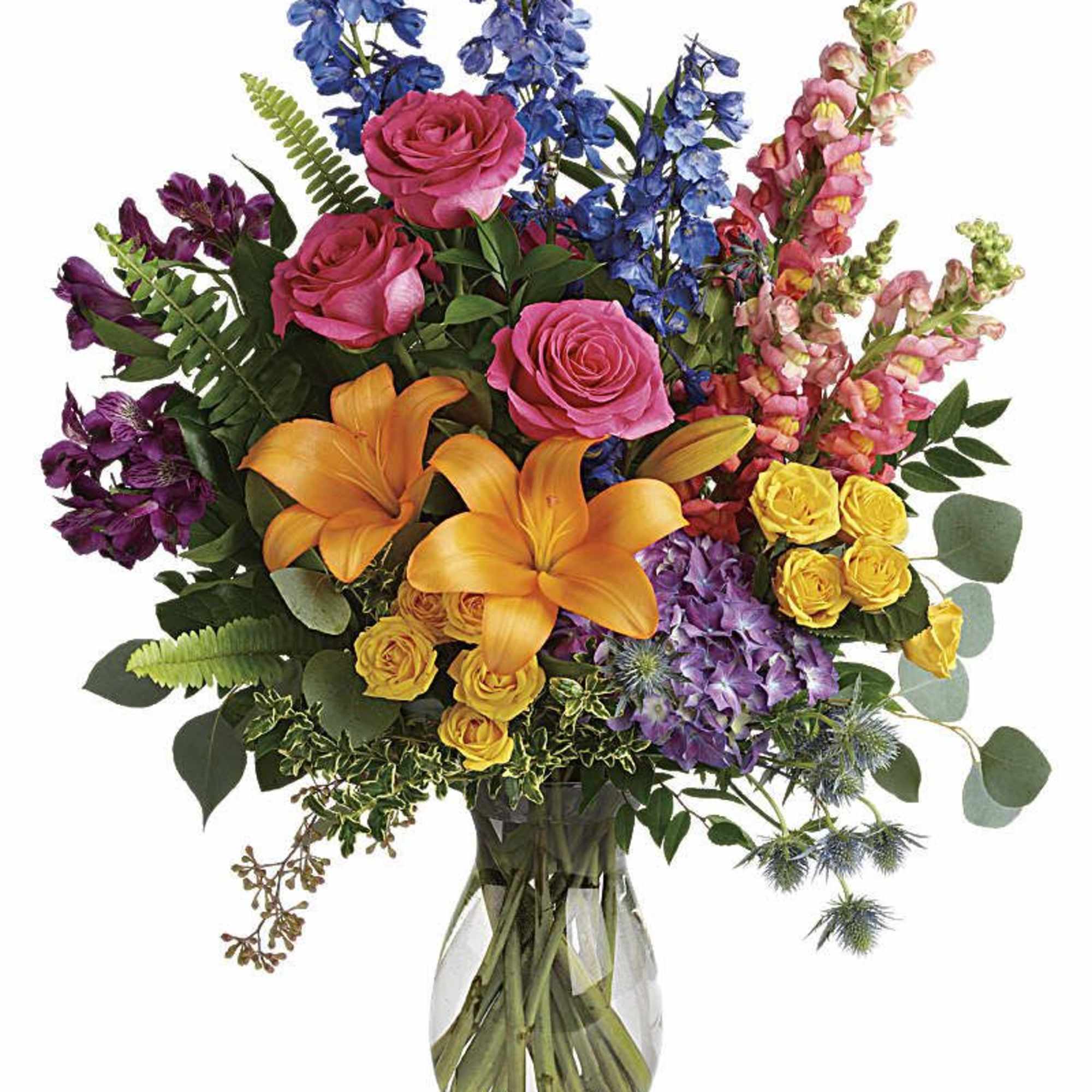 A rainbow of beauty for any occasion. Purple hydrangea, pink roses and