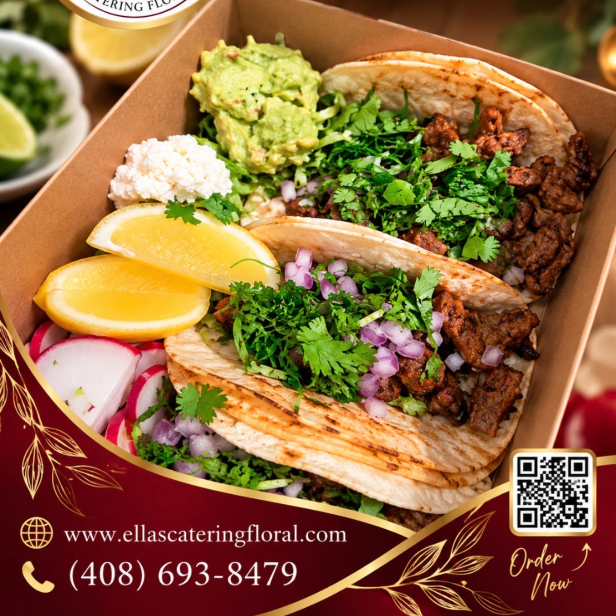 Box of tacos with guacamole, radishes, and lime wedges