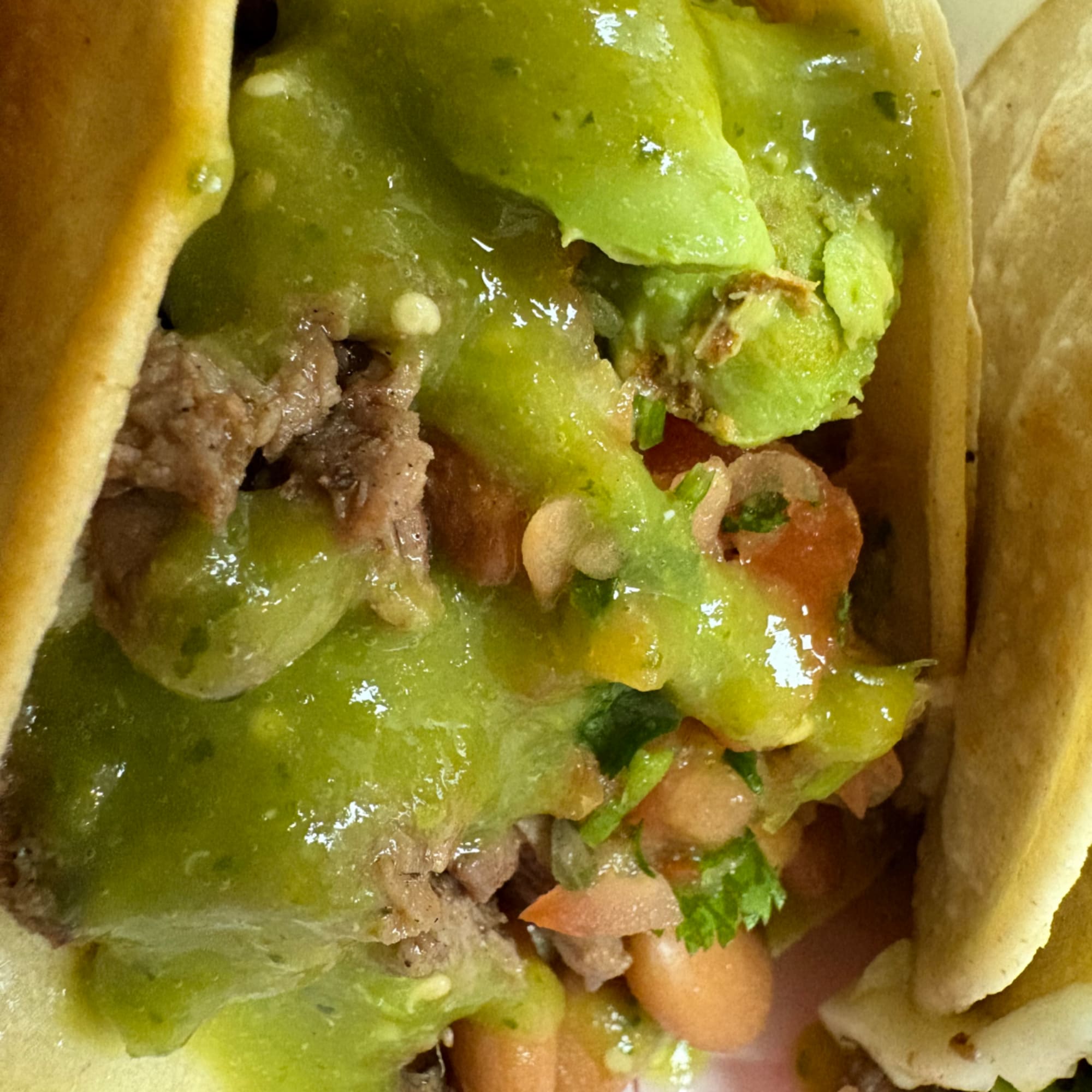 Close-up of a taco filled with meat, salsa, and green sauce