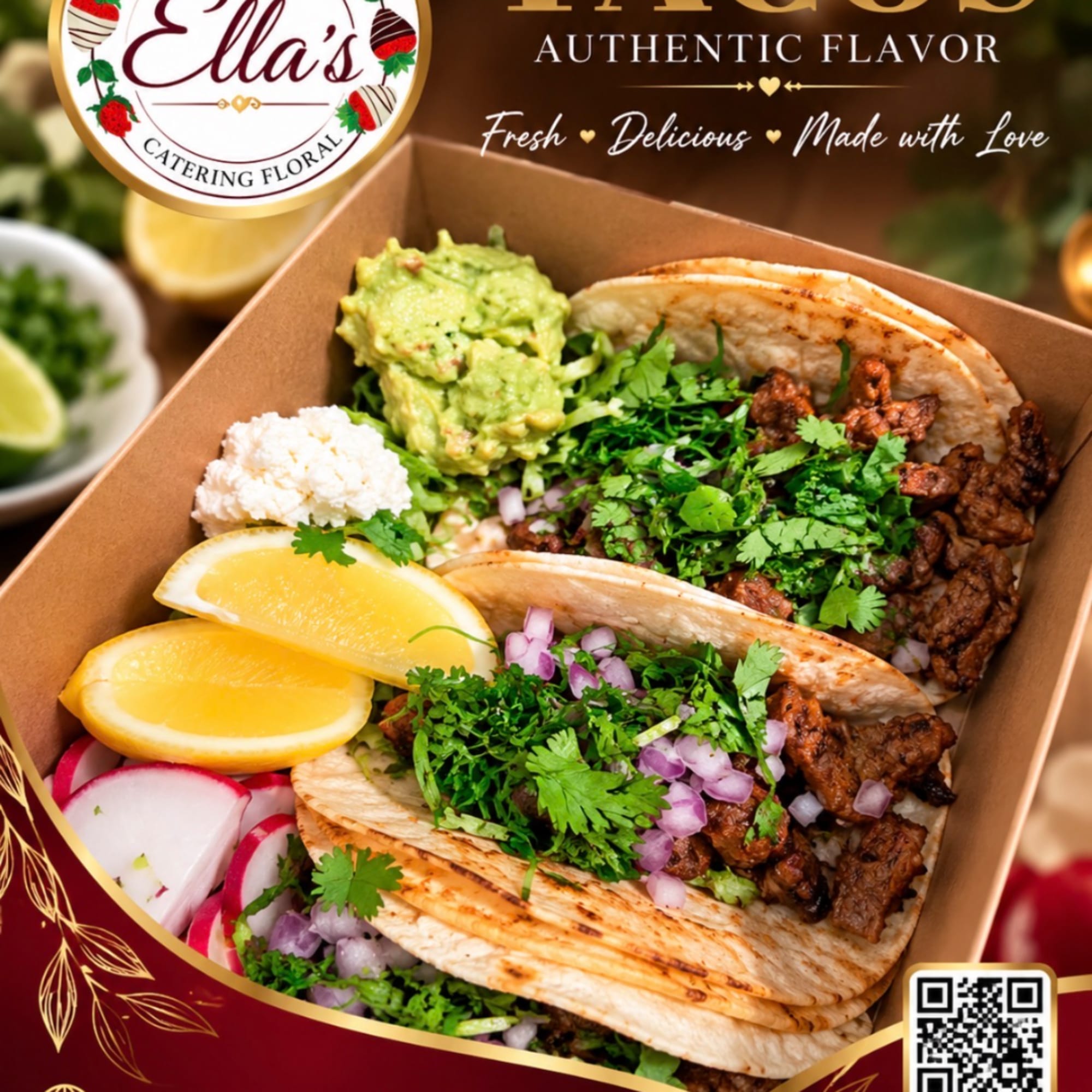 Box of tacos with guacamole, lemon wedges, and radishes