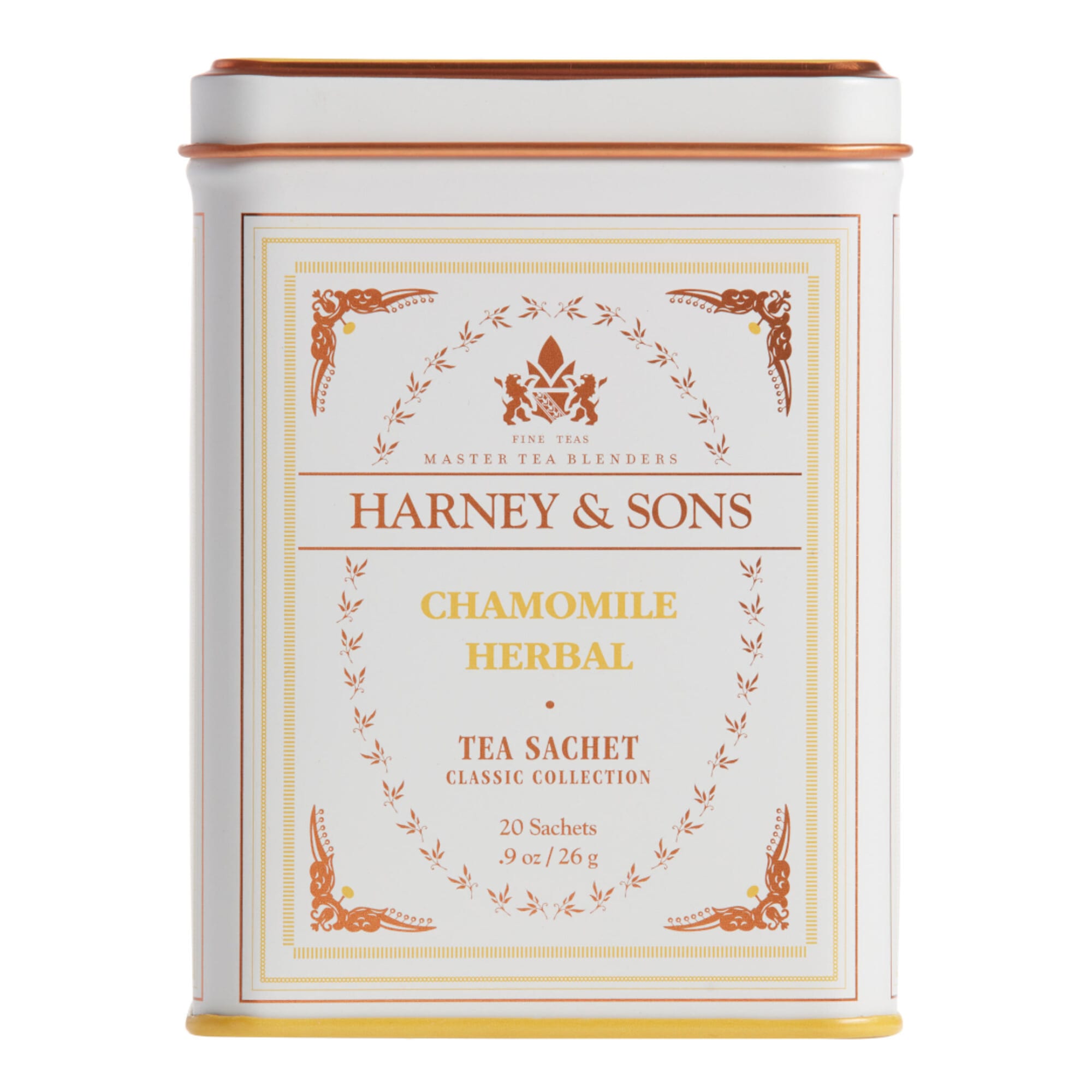 Tin of Harney & Sons chamomile herbal tea sachets