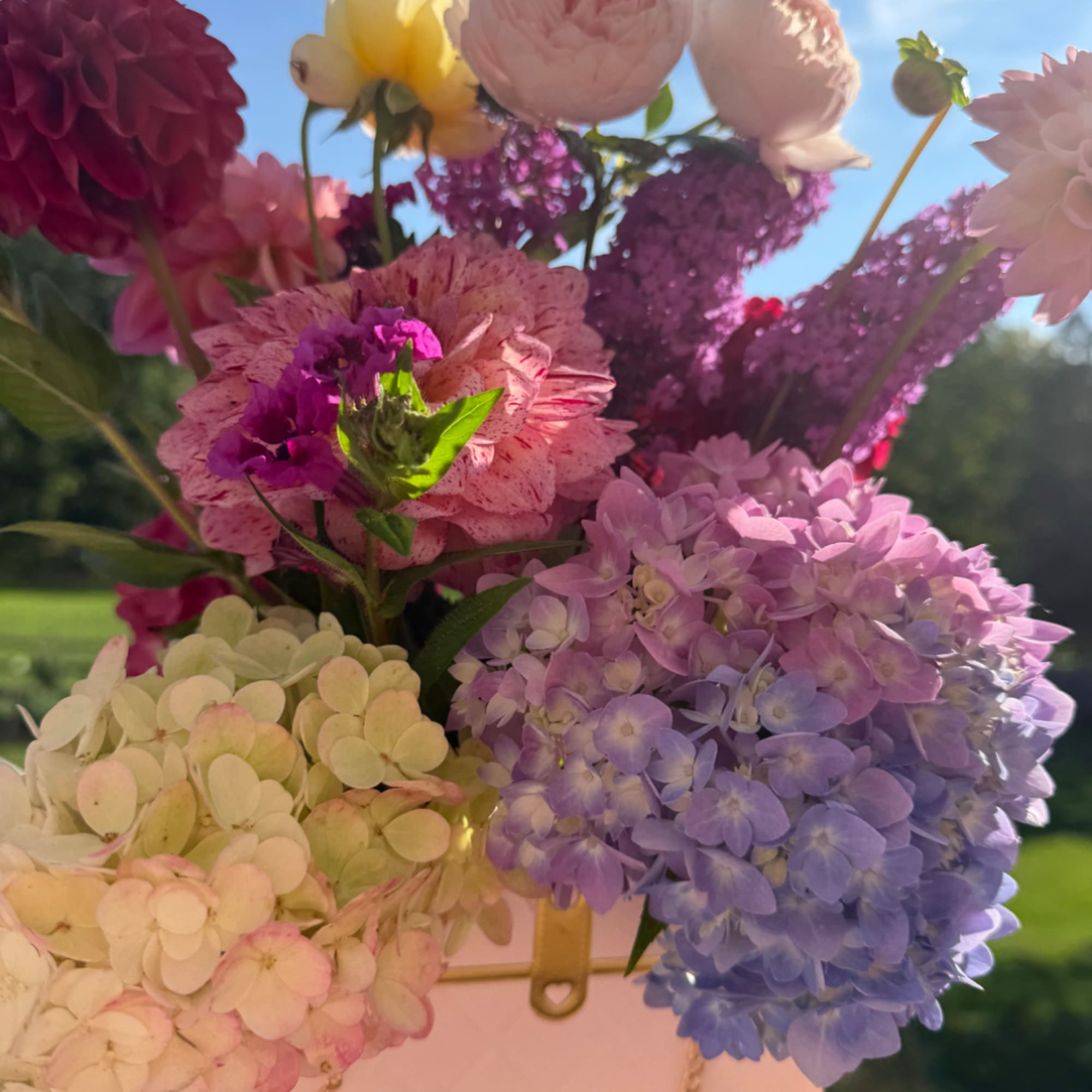 Bouquet of pastel hydrangeas and pink flowers outdoors in bright sunlight