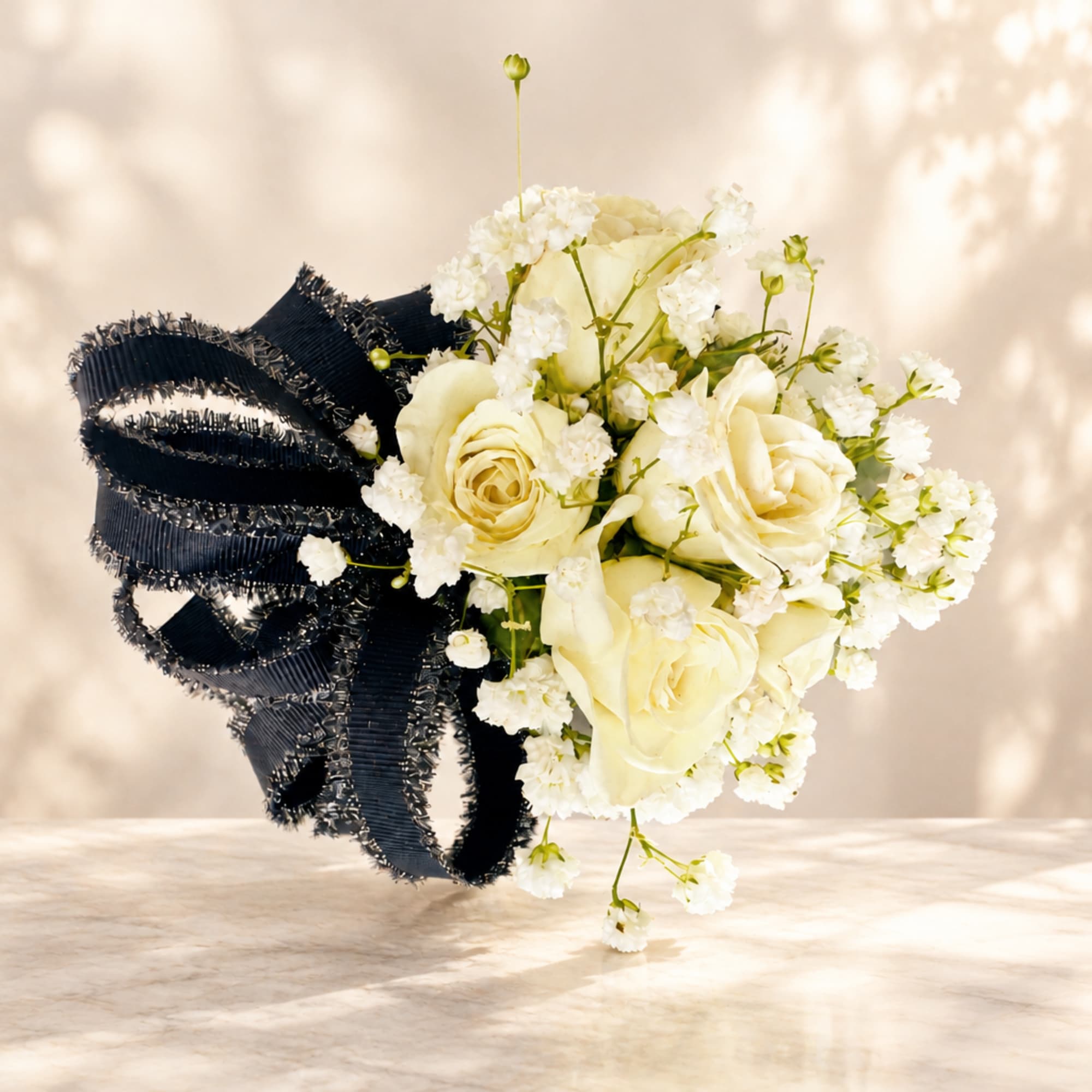 Cream rose bouquet with white filler flowers and a black ribbon bow