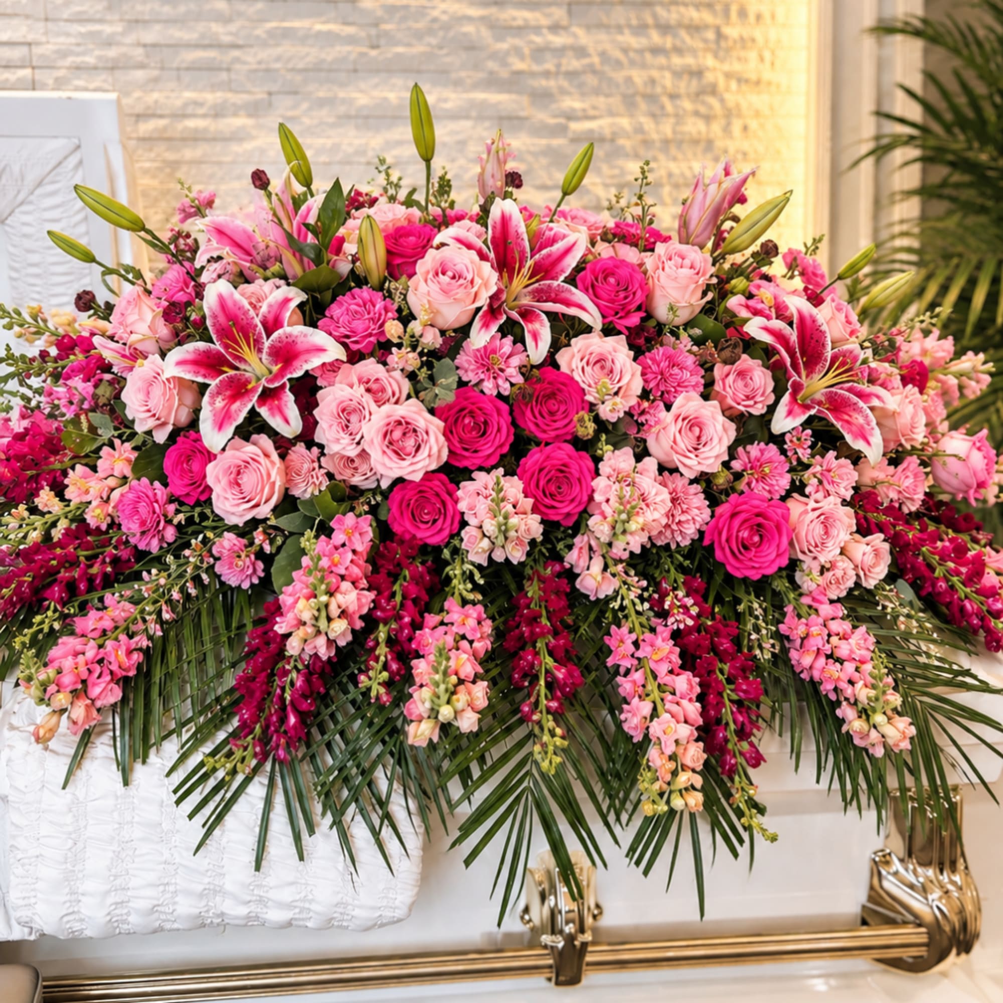 Large pink and white floral casket spray with lilies and roses