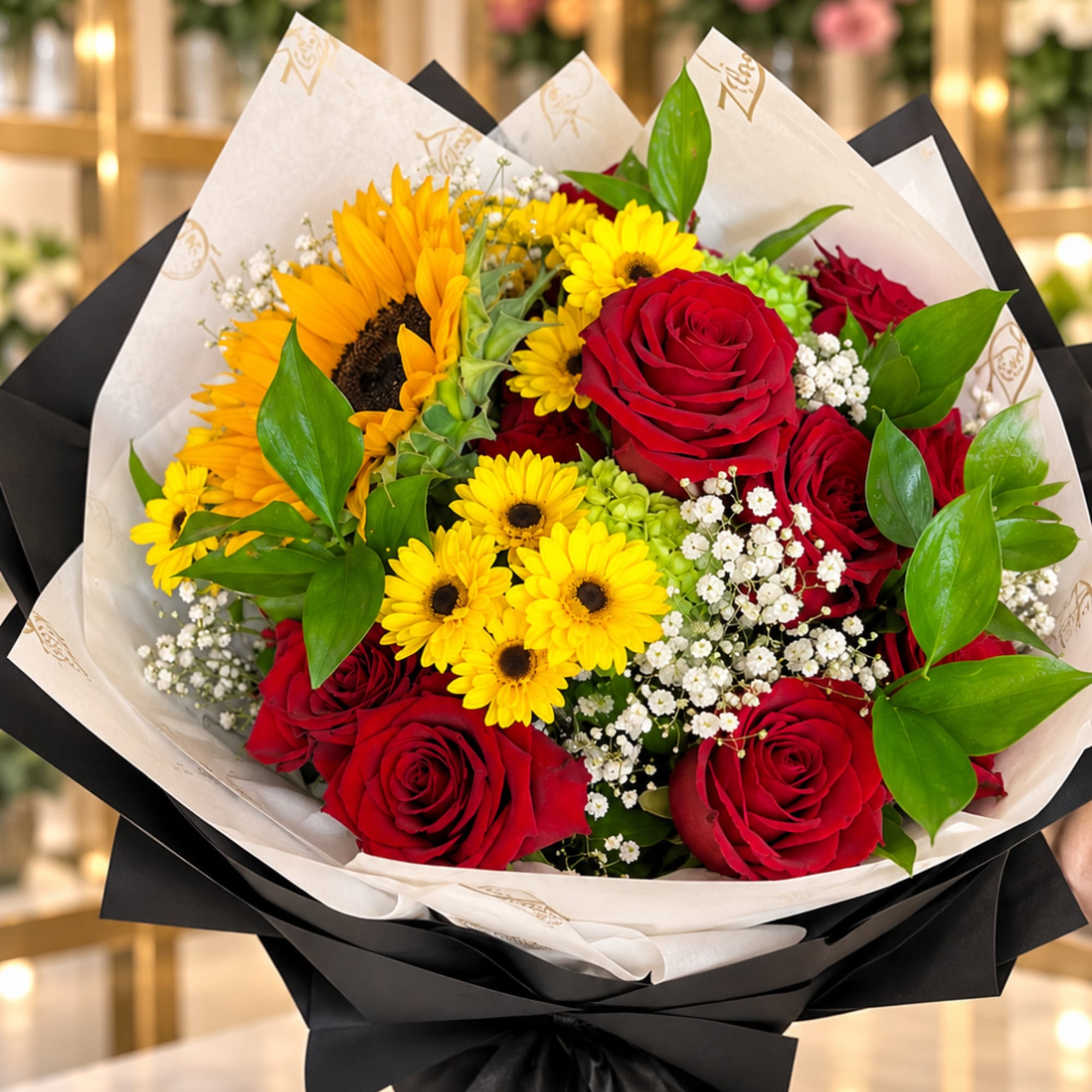 Bouquet of red roses and yellow daisies wrapped in black and white paper