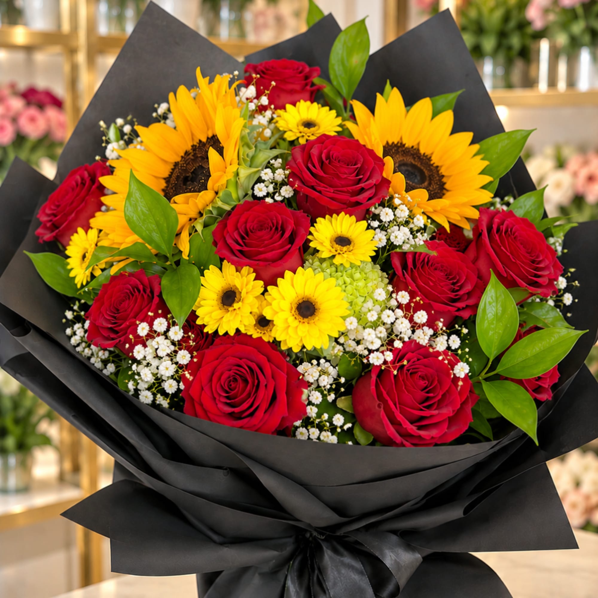 Bouquet of red roses and yellow sunflowers wrapped in black paper