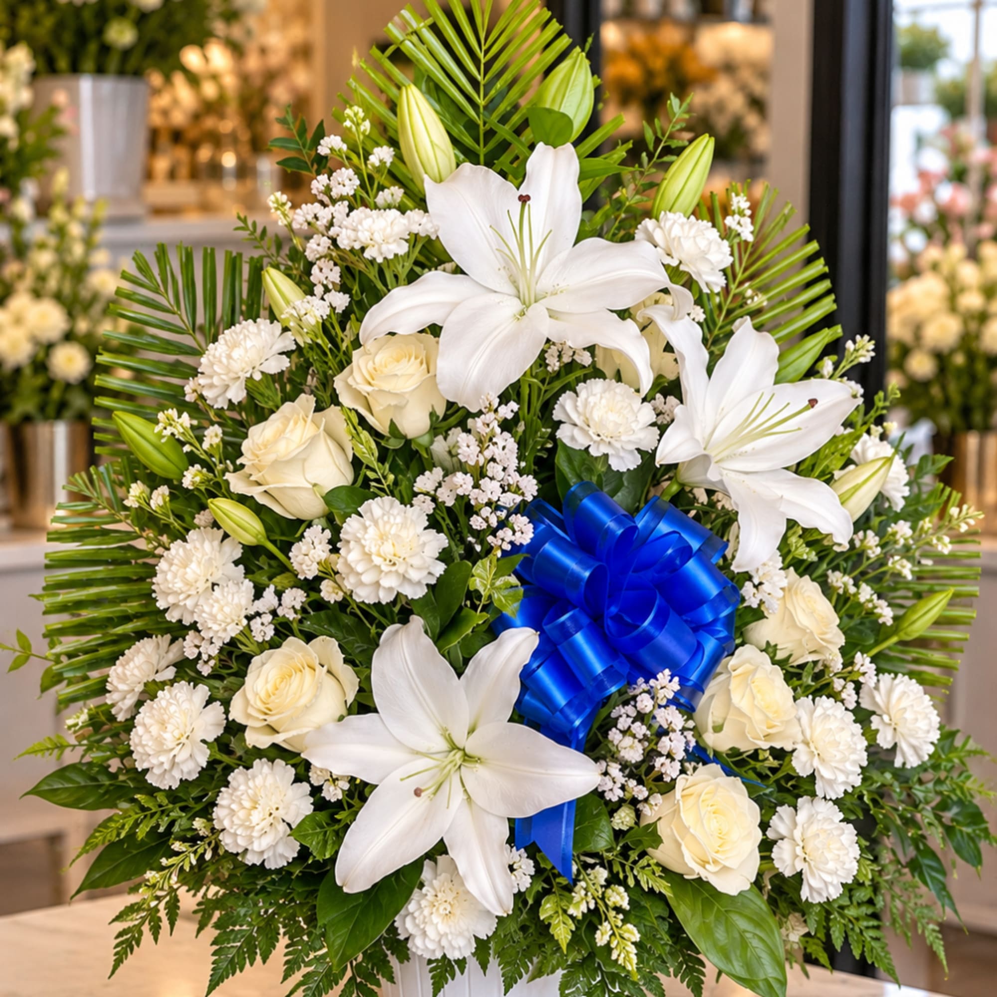 White lilies and cream roses in a vase with a blue ribbon bow