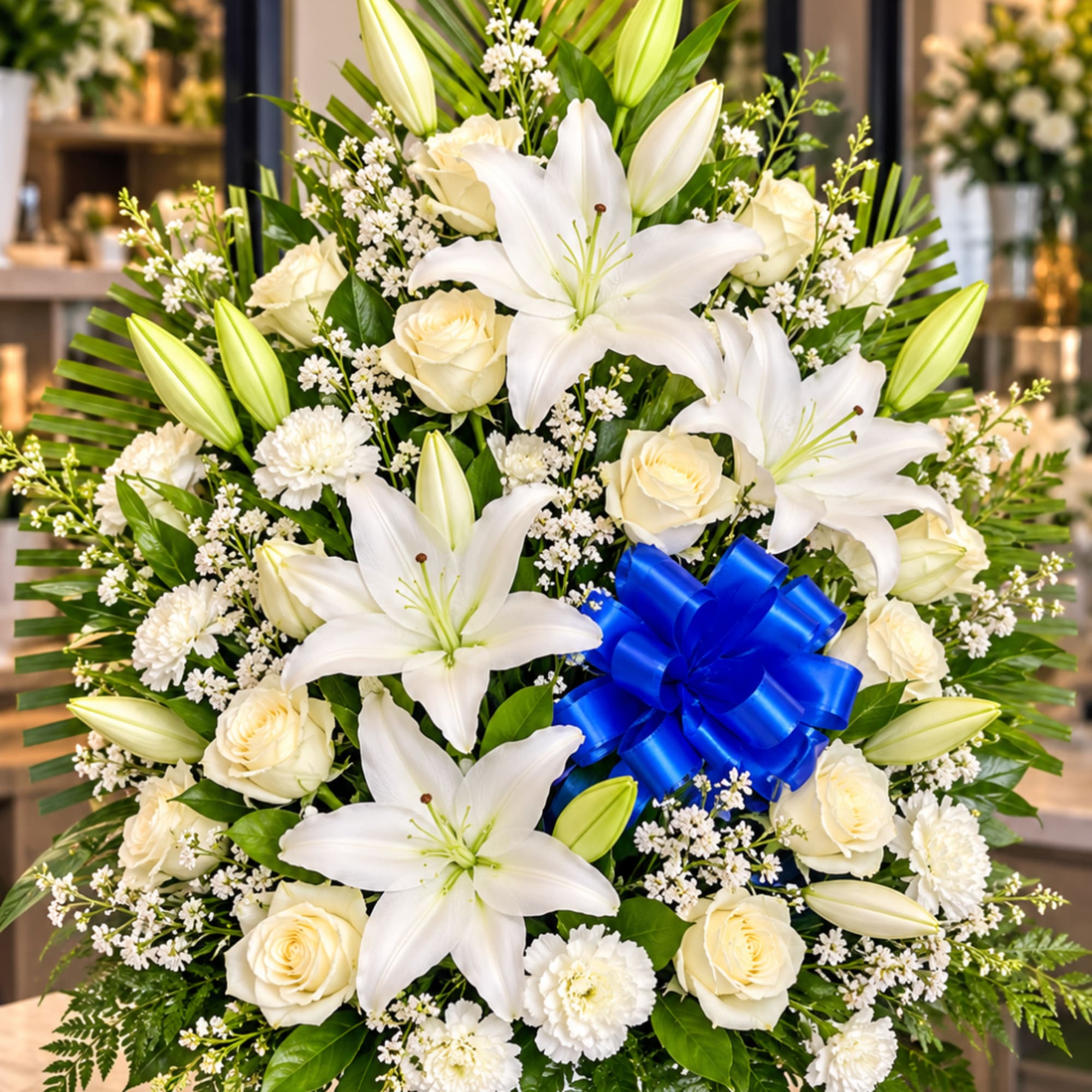 White lilies and cream roses arranged with a blue ribbon bow