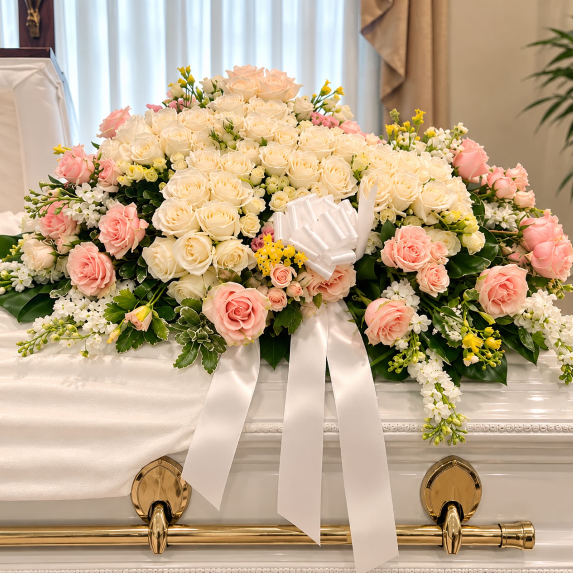 Large white and pink rose spray on a casket with a white ribbon