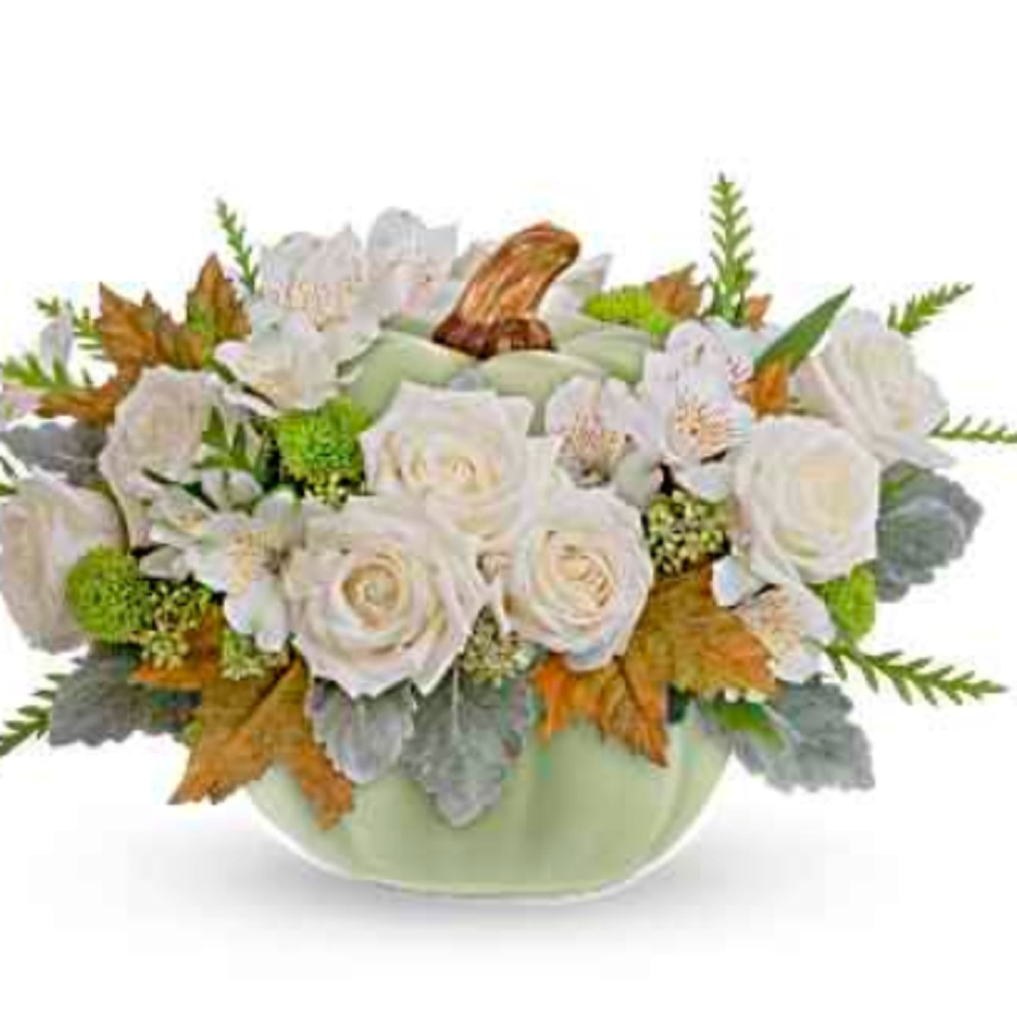 This beautiful Green Pumpkin Arrangement comes in three sizes. Using White Roses