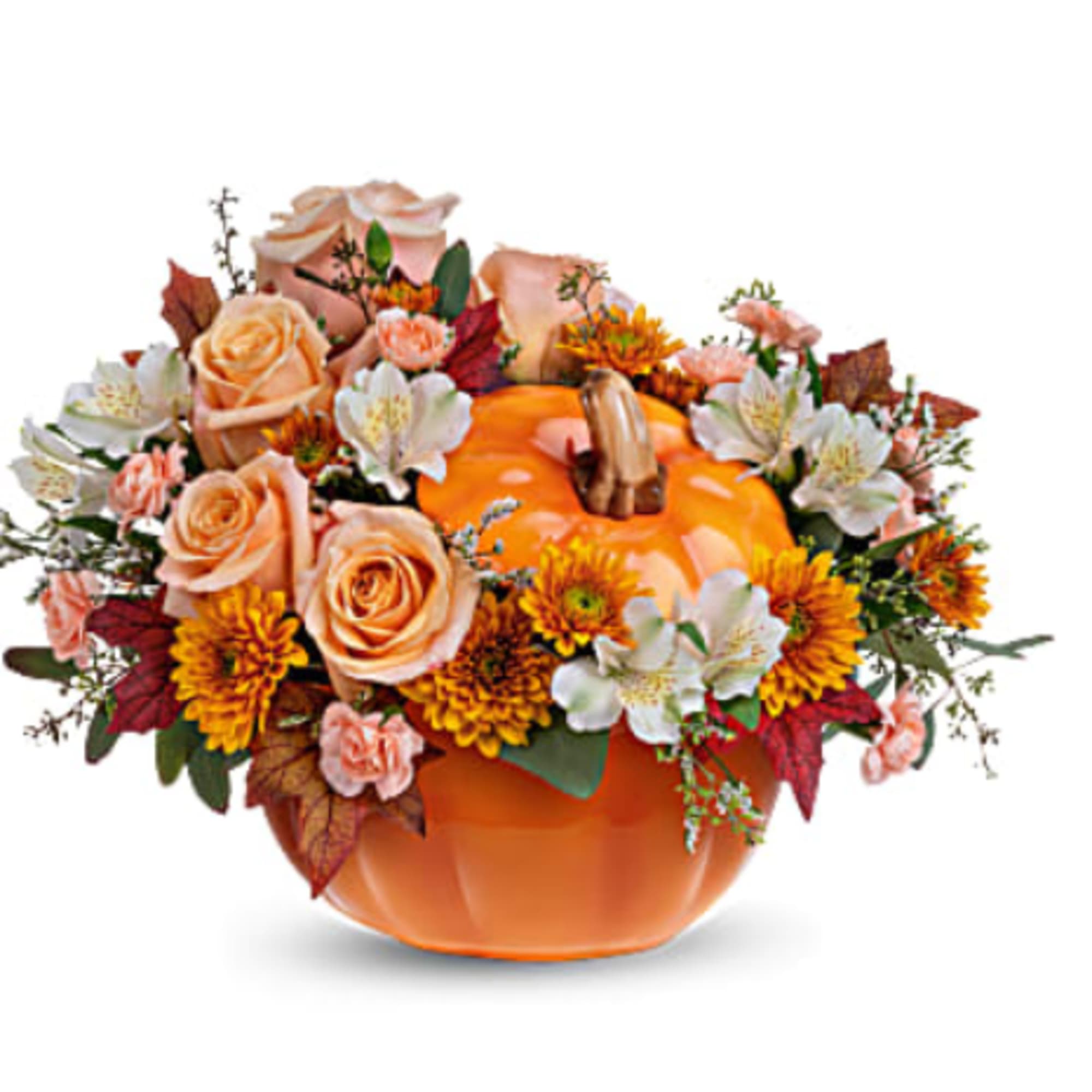 Beautiful Fall Arrangement in Orange Pumpkin with elegant light orange roses, white