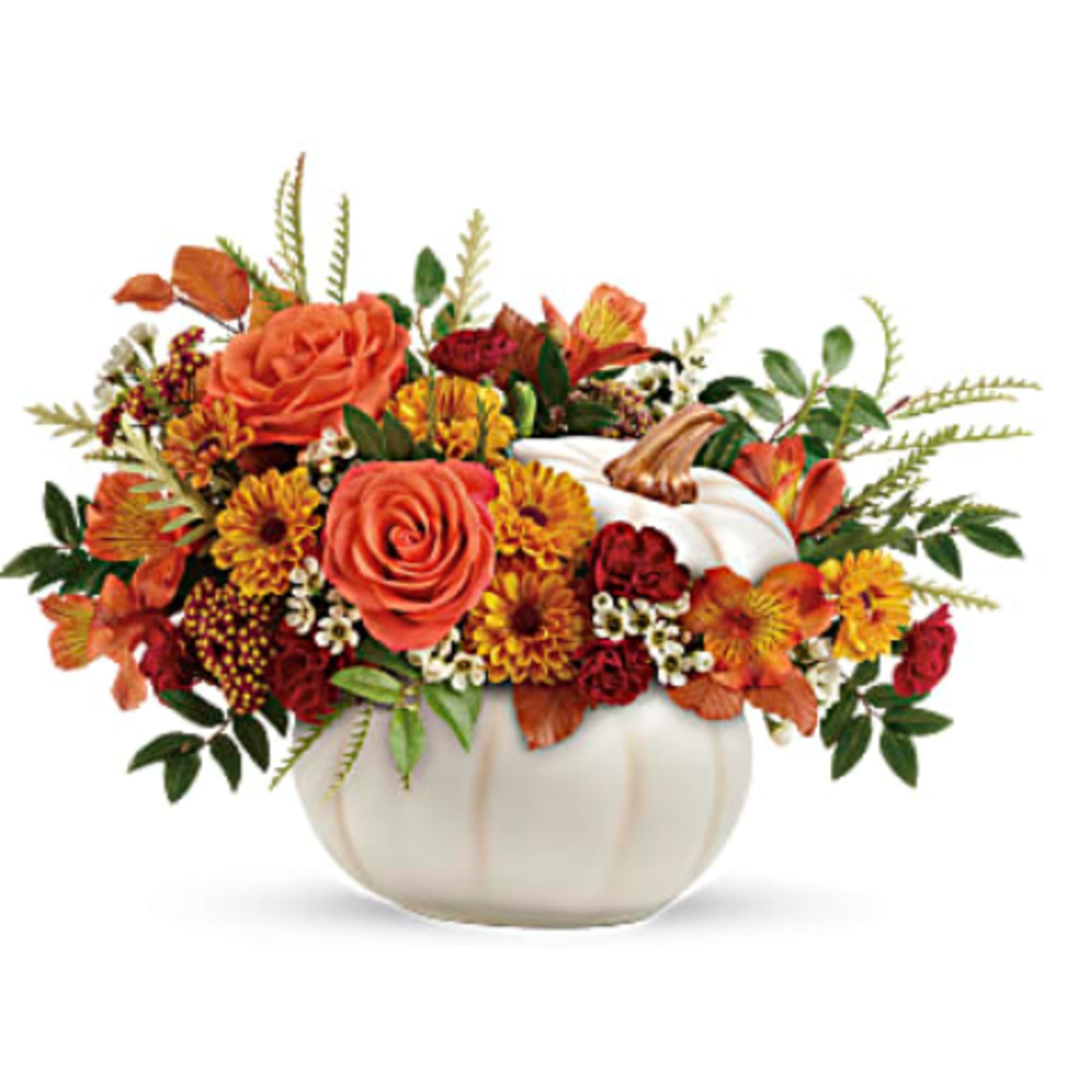 Elegant Arrangement in a white pumpkin with orange roses, orange yellow alstroemeria