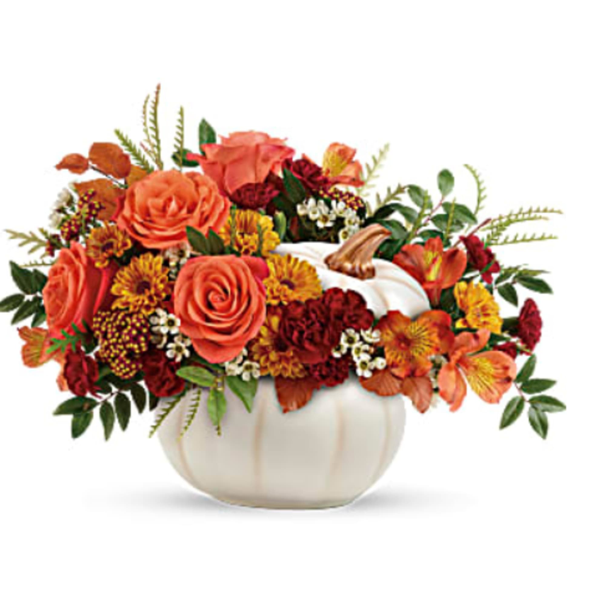Elegant Arrangement in a white pumpkin with orange roses, orange yellow alstroemeria