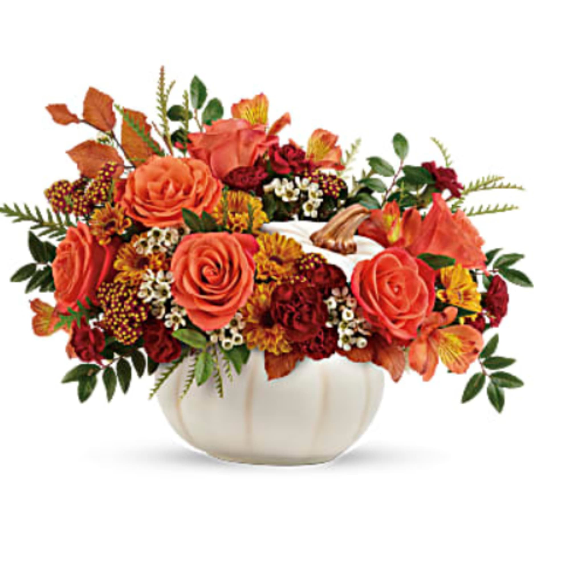 Elegant Arrangement in a white pumpkin with orange roses, orange yellow alstroemeria
