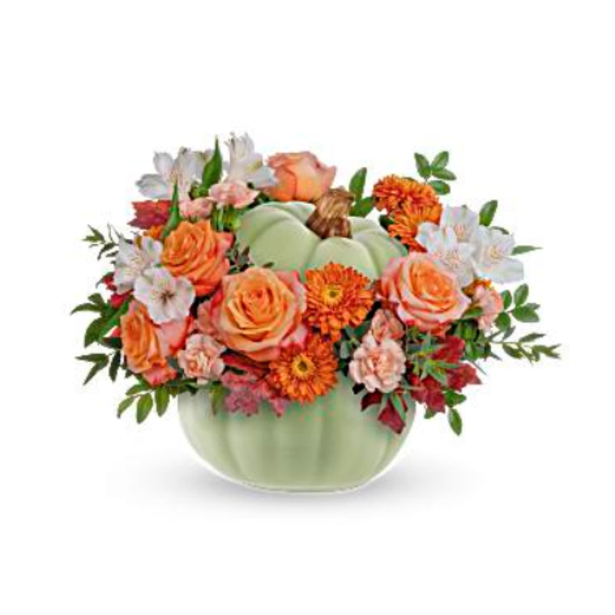 Pumpkin-shaped vase with orange and white flowers