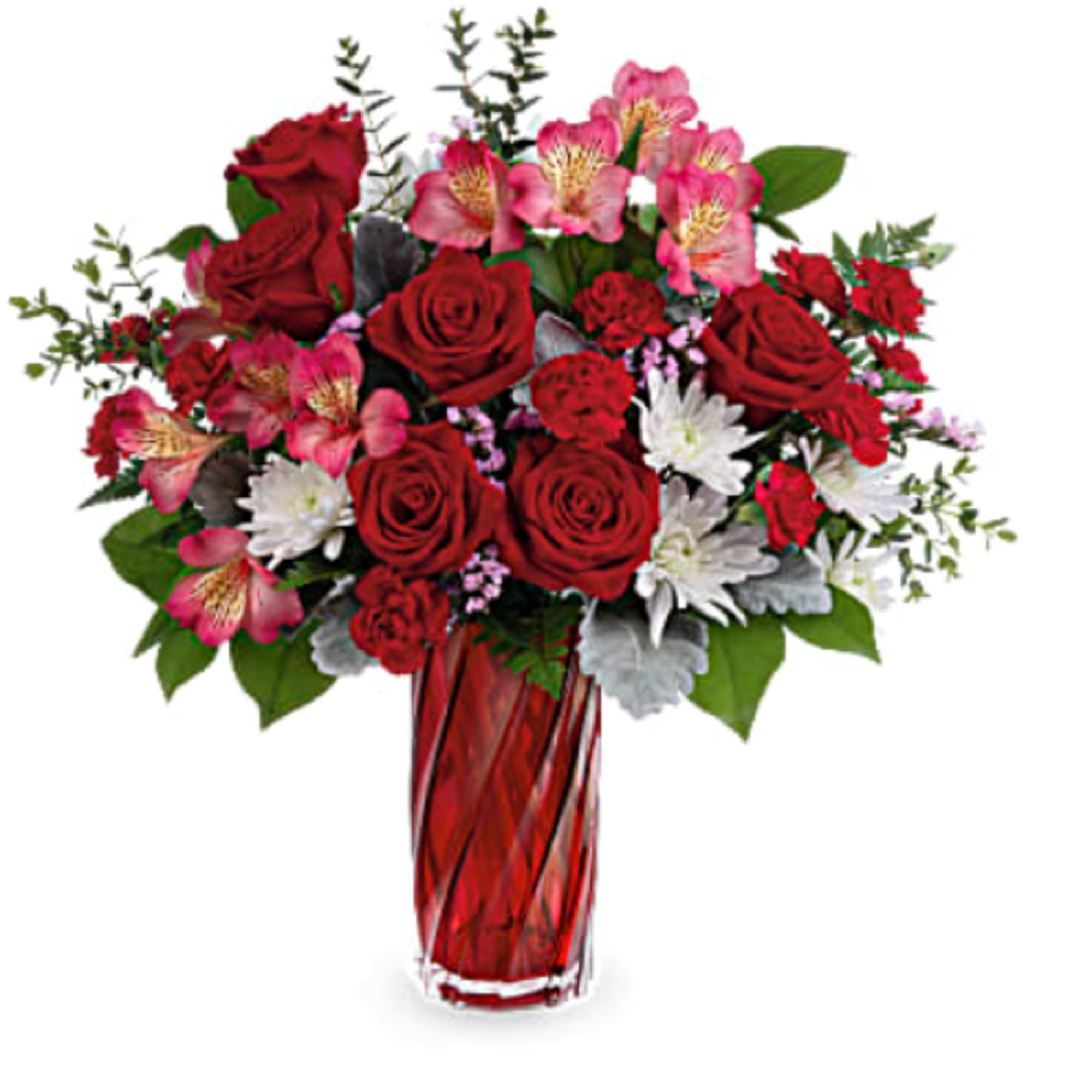 This bouquet features red roses, pink alstroemeria, miniature red carnations, white cushion