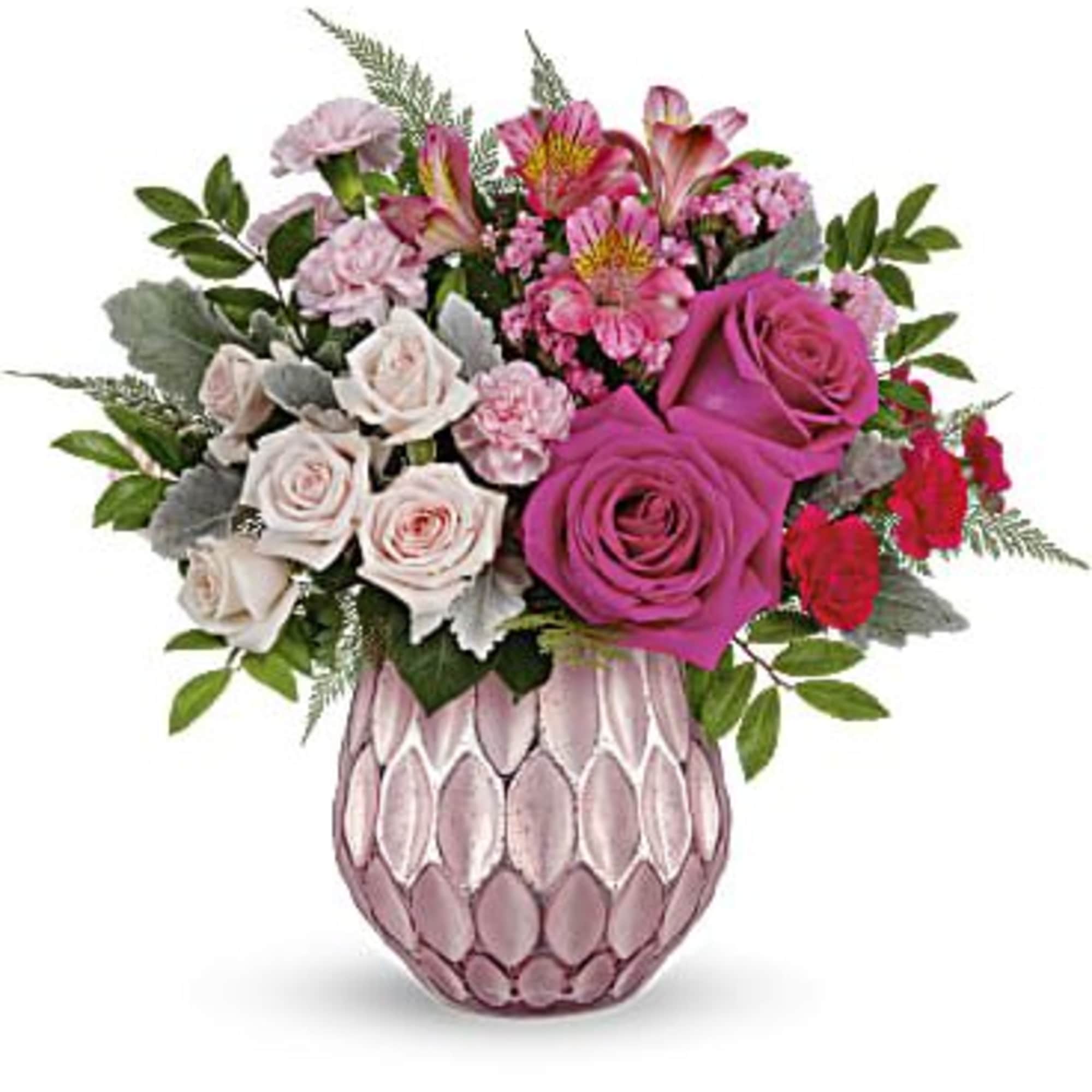 
Keep 'em blushing with the prettiest pink roses, presented to perfection in