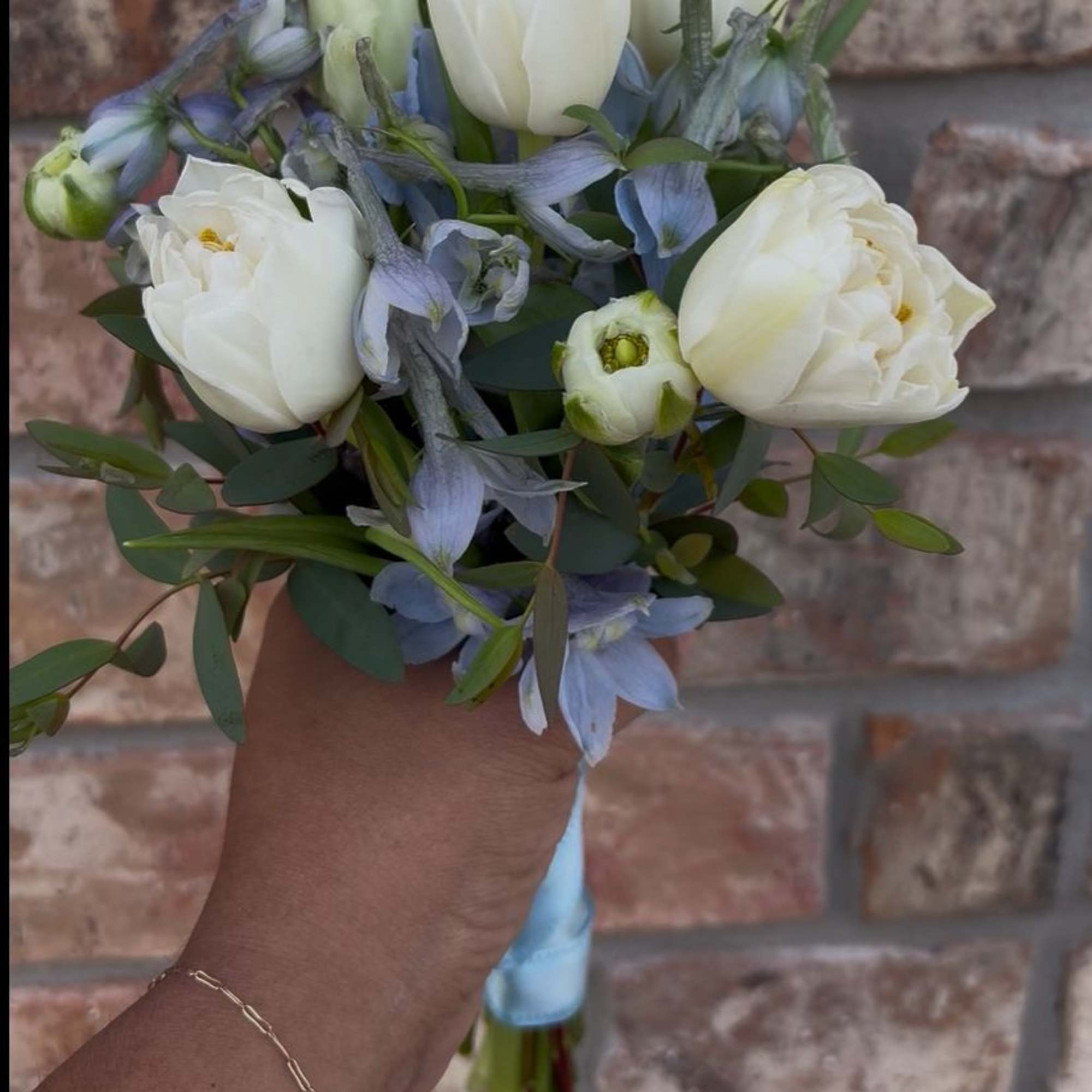 A sweet petite posey of white tulips, lavender scabiosa, lisianthus, and ranunculus., photo 2 of 2