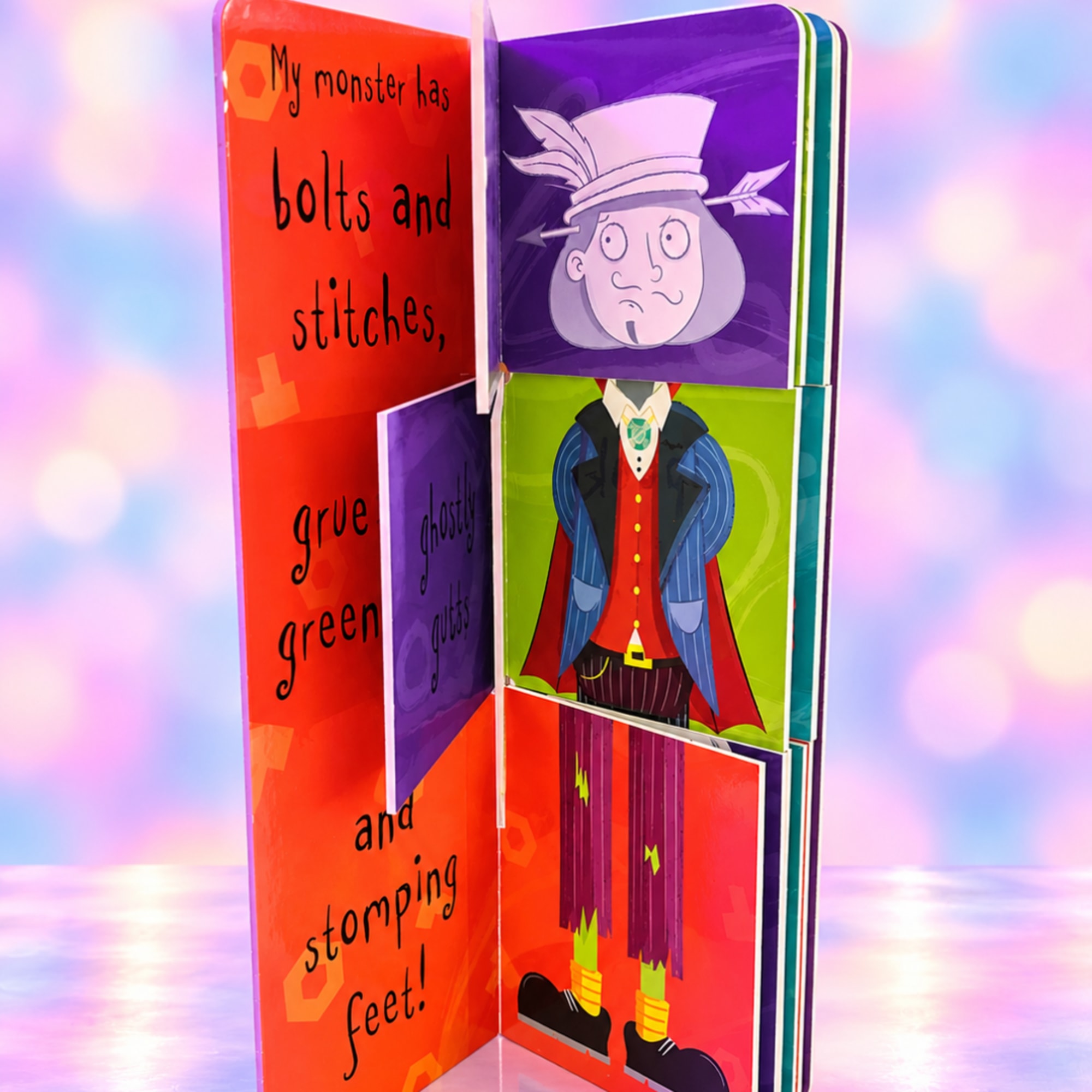 Folded Halloween-themed card with a cartoon monster and purple panels