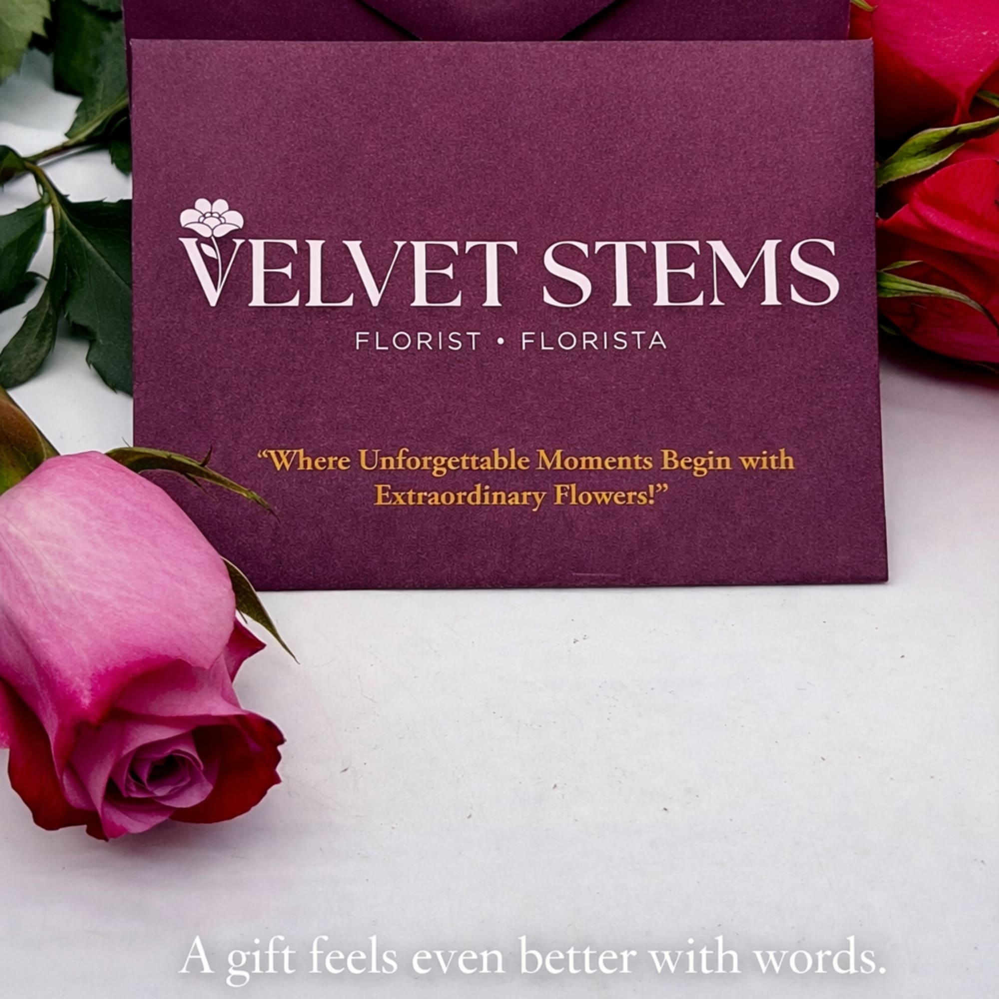 Purple florist stationery with roses and an envelope