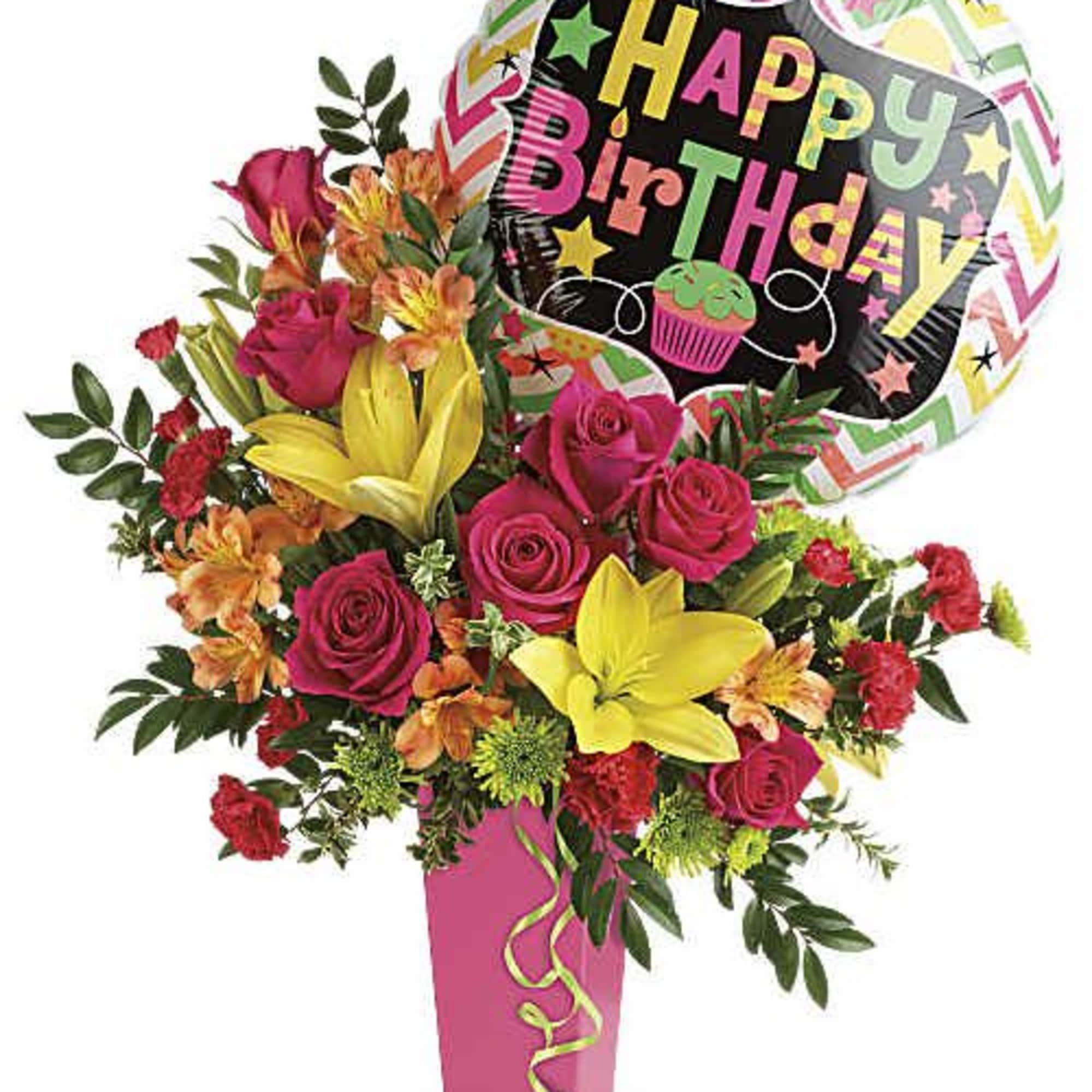 Birthday bouquet with roses, lilies, and a balloon