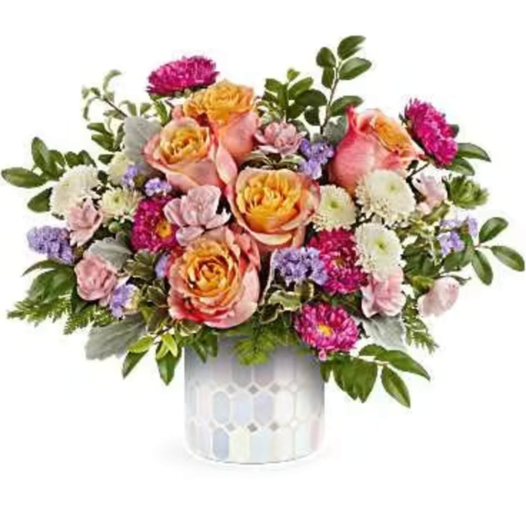 Mixed bouquet of pink and orange roses in a white vase
