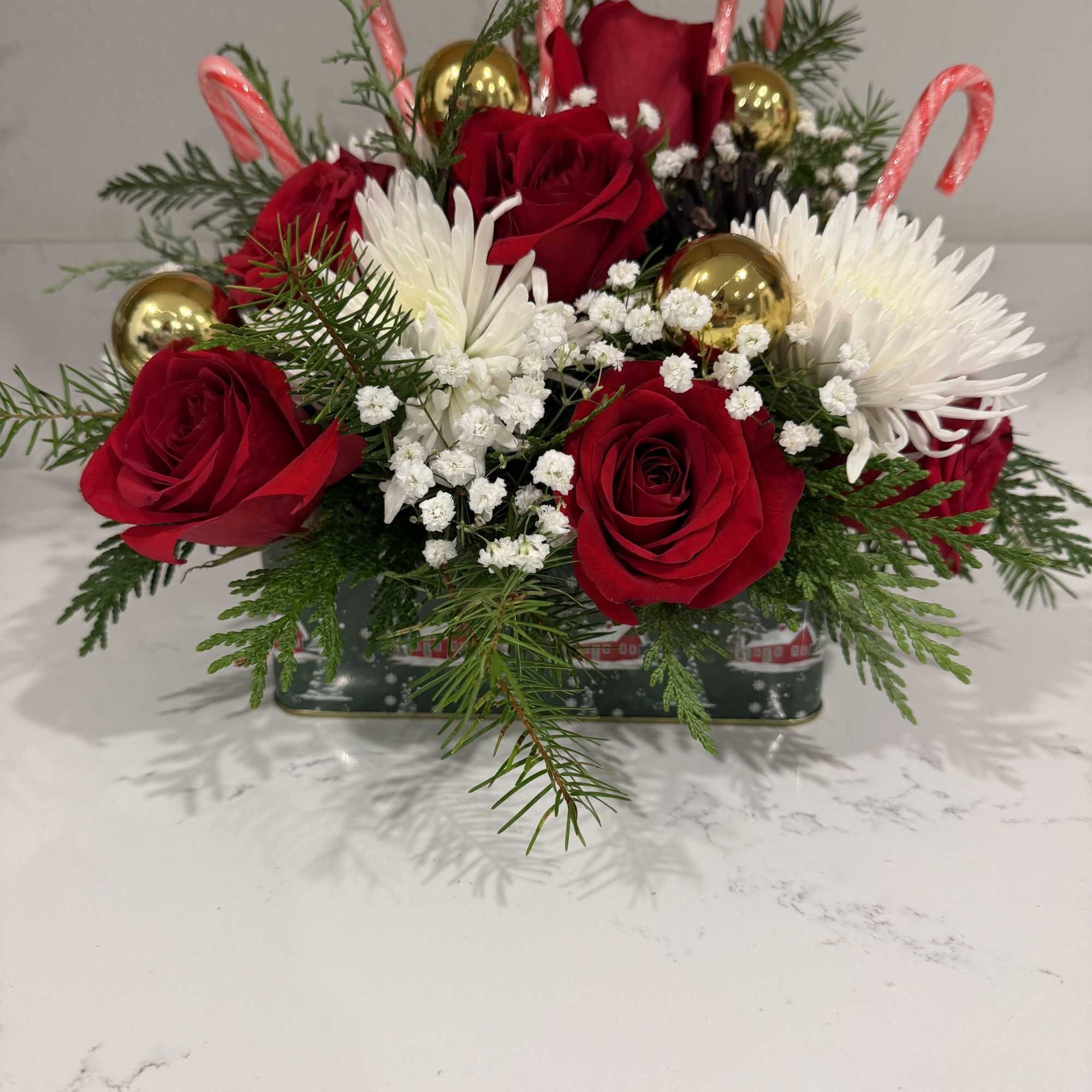 Fresh red roses, delicate baby&rsquo;s breath, and muscari blooms, accented with candy, photo 2 of 2