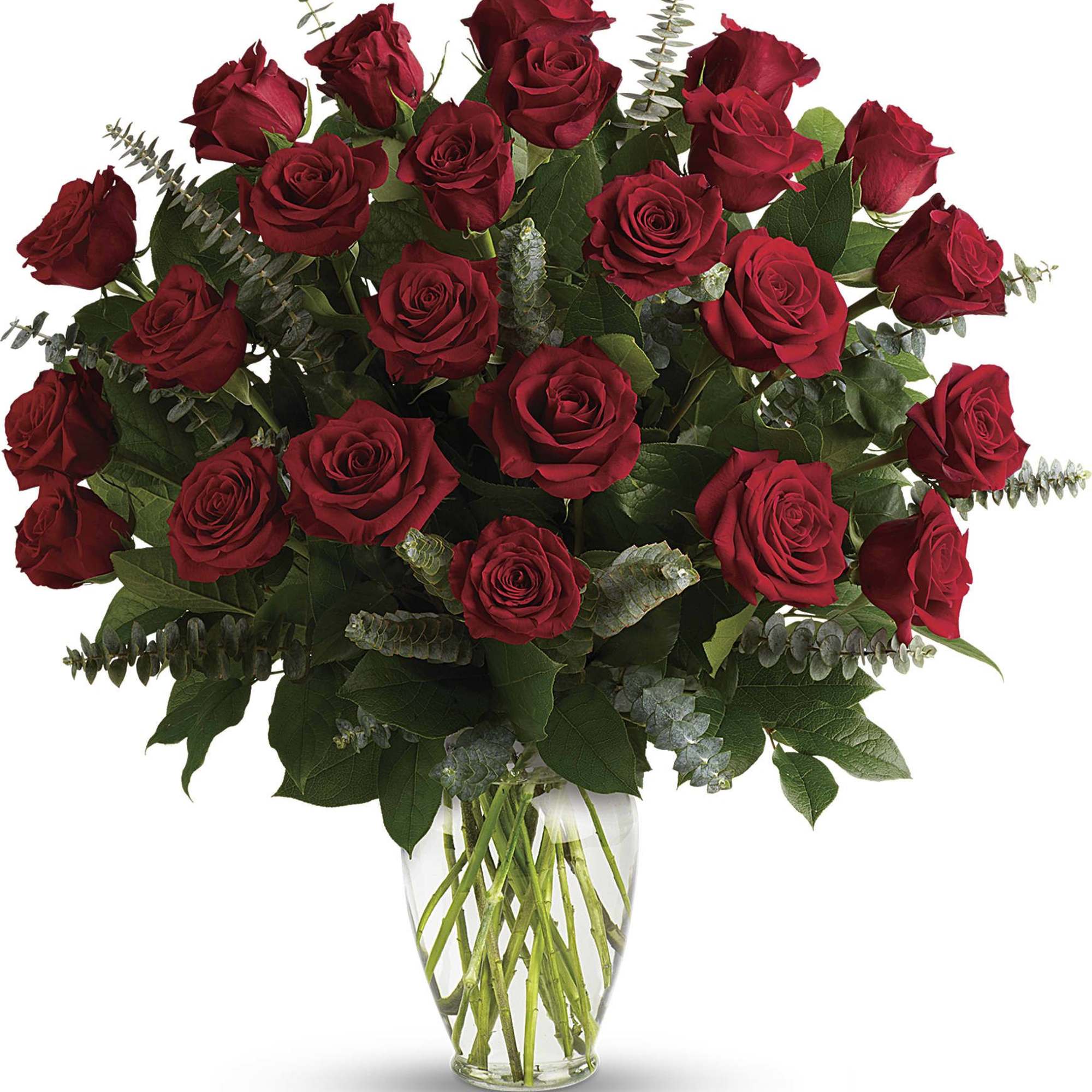 Bouquet of red roses in a clear glass vase