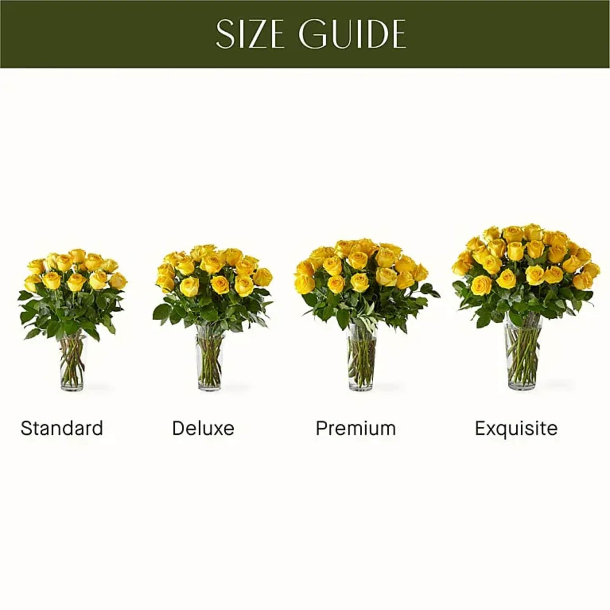 Four yellow rose bouquets in glass vases shown in different sizes