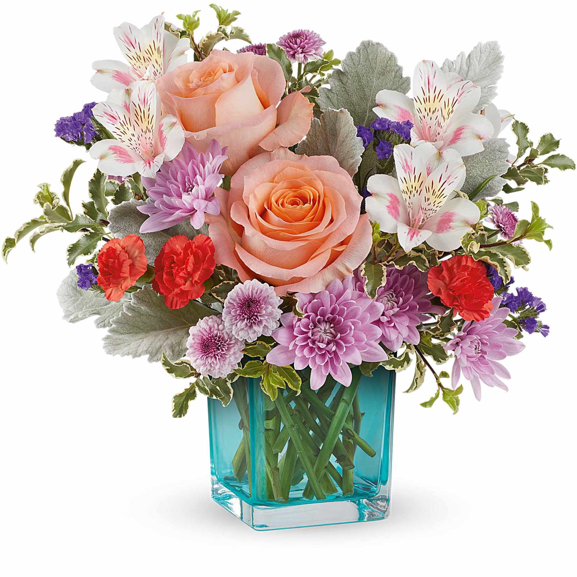 Bouquet of peach roses, purple blooms, and white alstroemeria in a blue vase