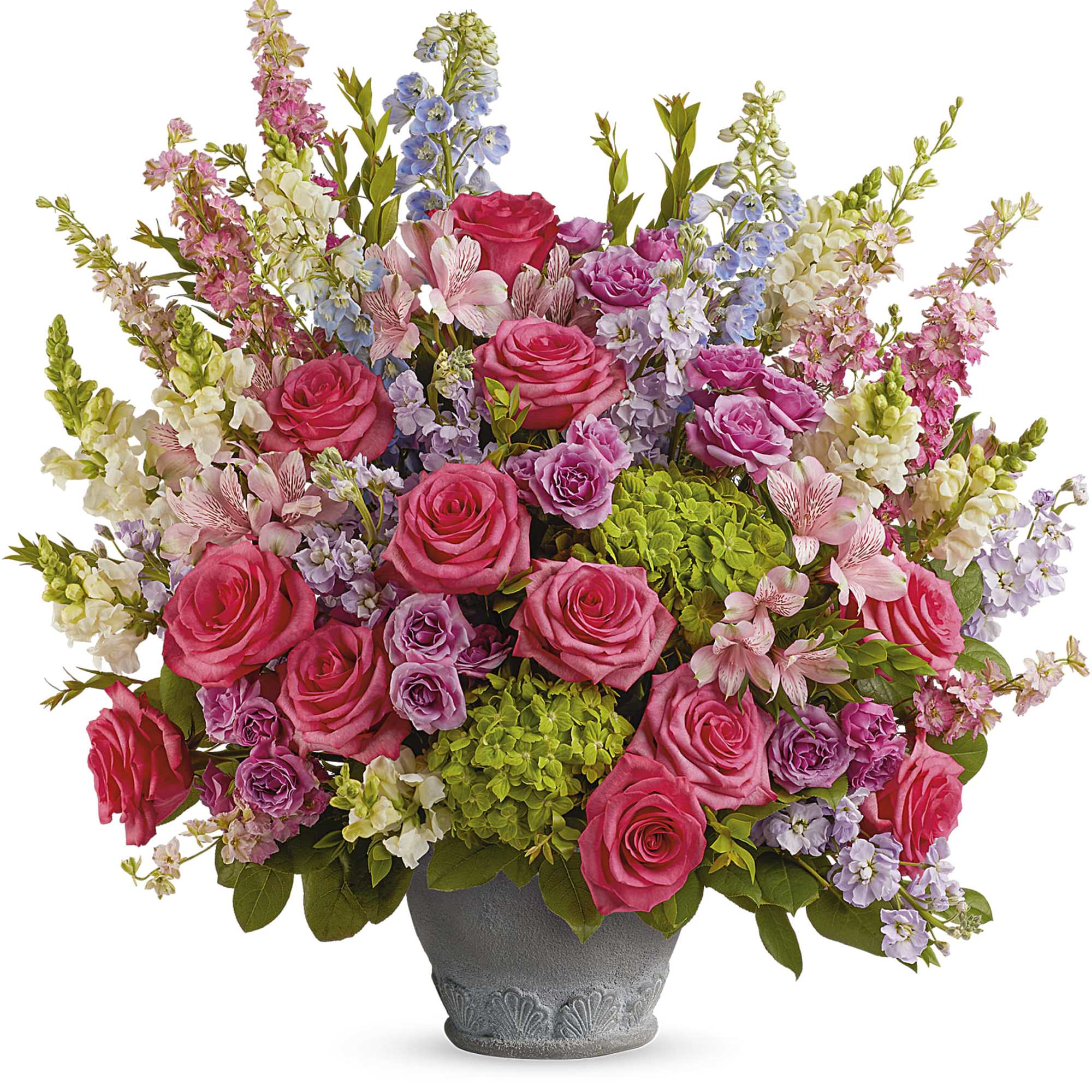 Mixed pink and lavender flowers arranged in a gray vase
