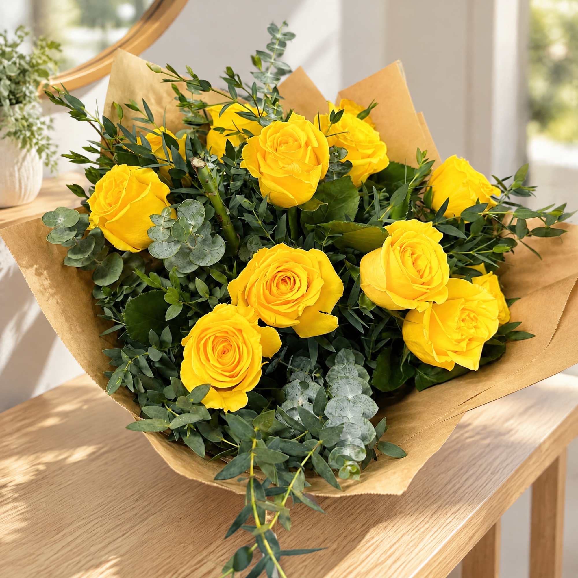 Bouquet of yellow roses wrapped in brown paper, photo 2 of 2