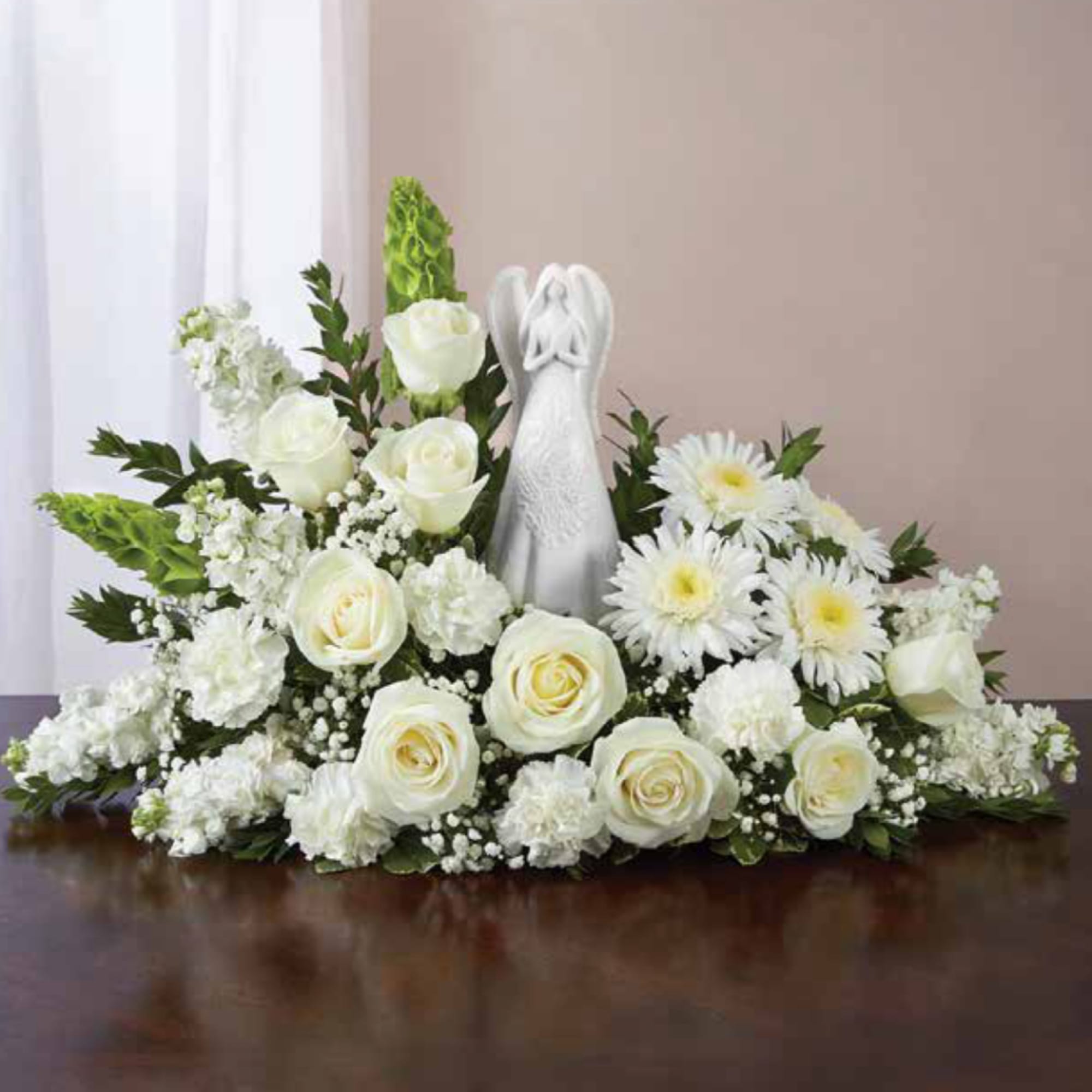 White rose and daisy arrangement with an angel figurine, photo 2 of 2