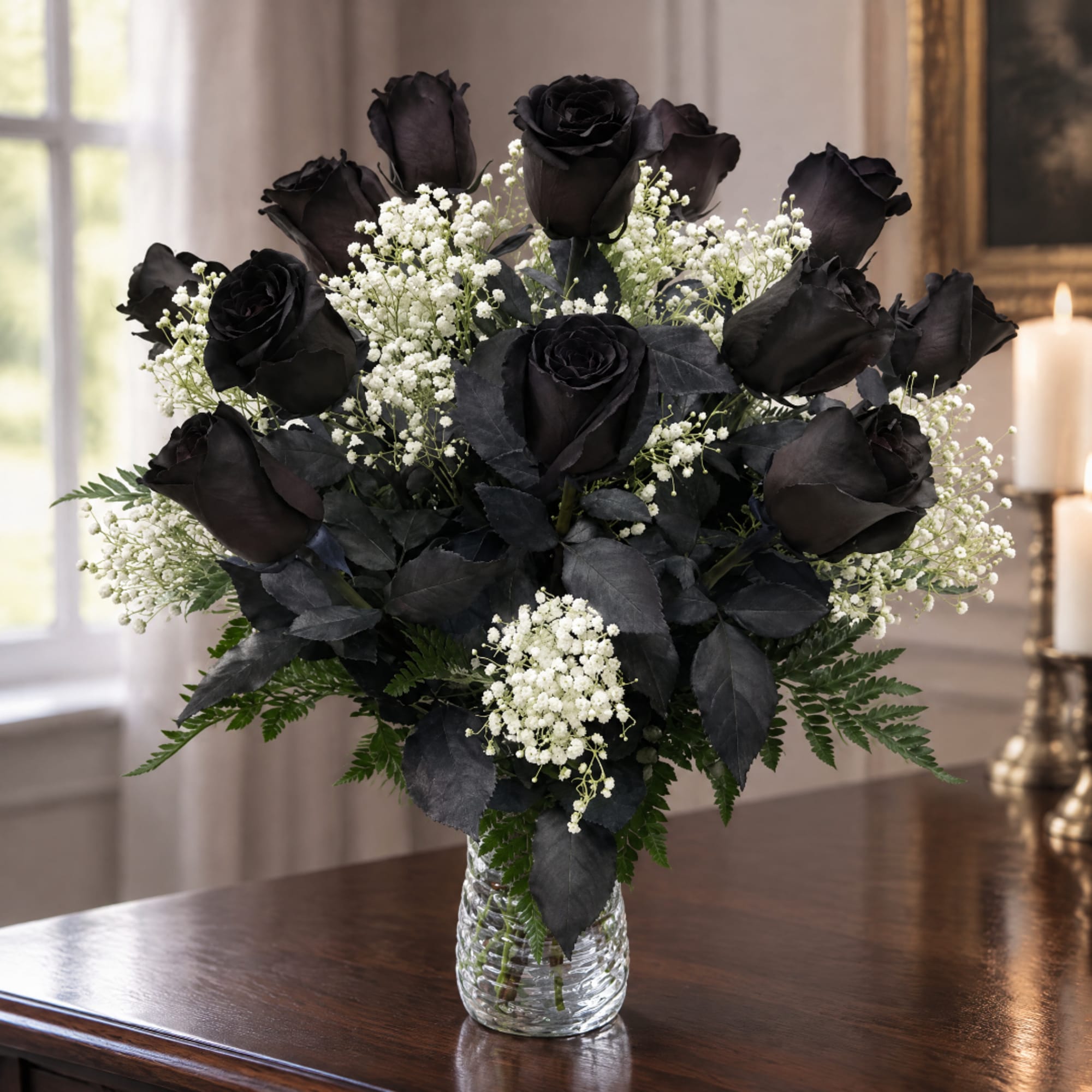Black roses in a clear glass vase with white baby's breath