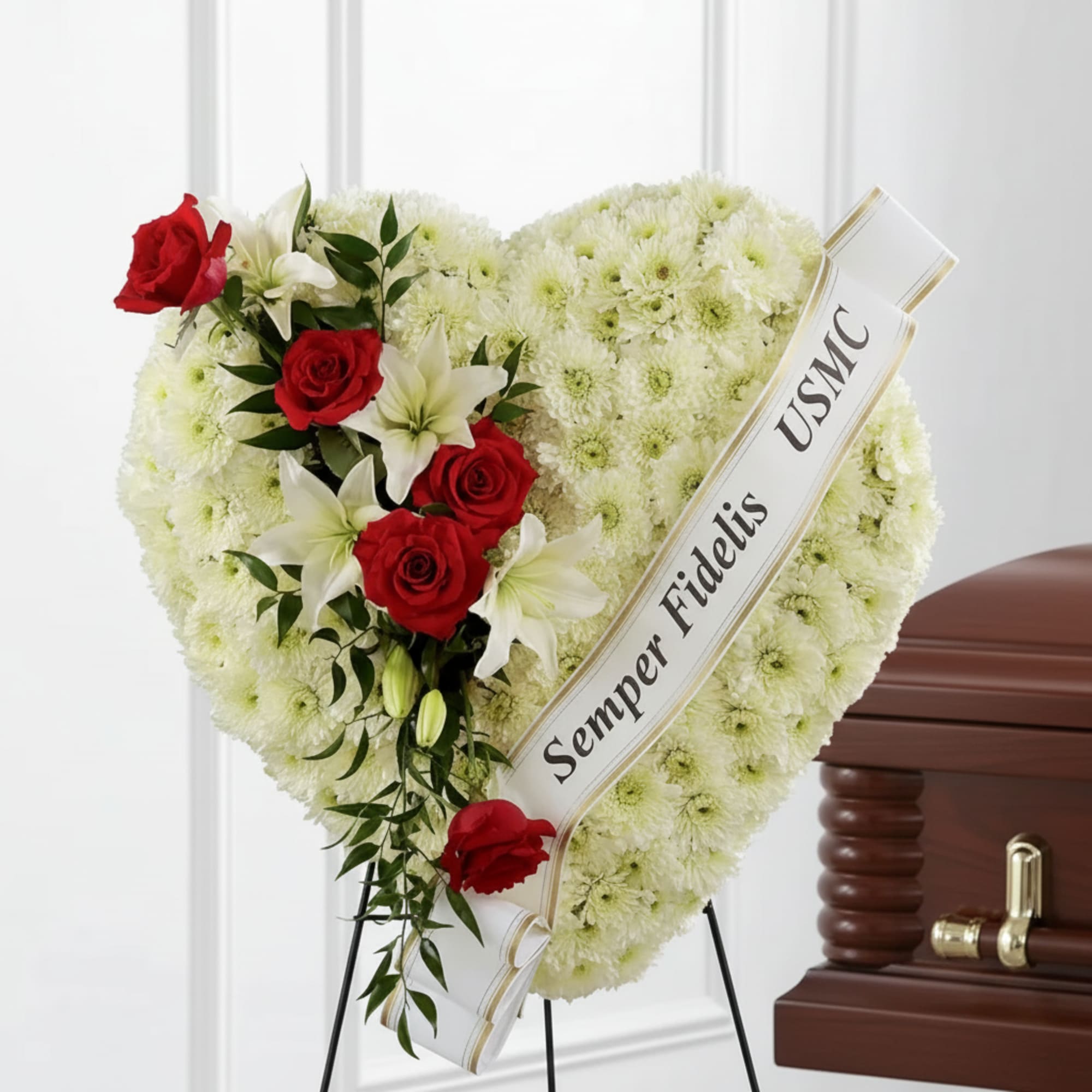 Heart-shaped funeral wreath with red roses and white lilies beside a casket