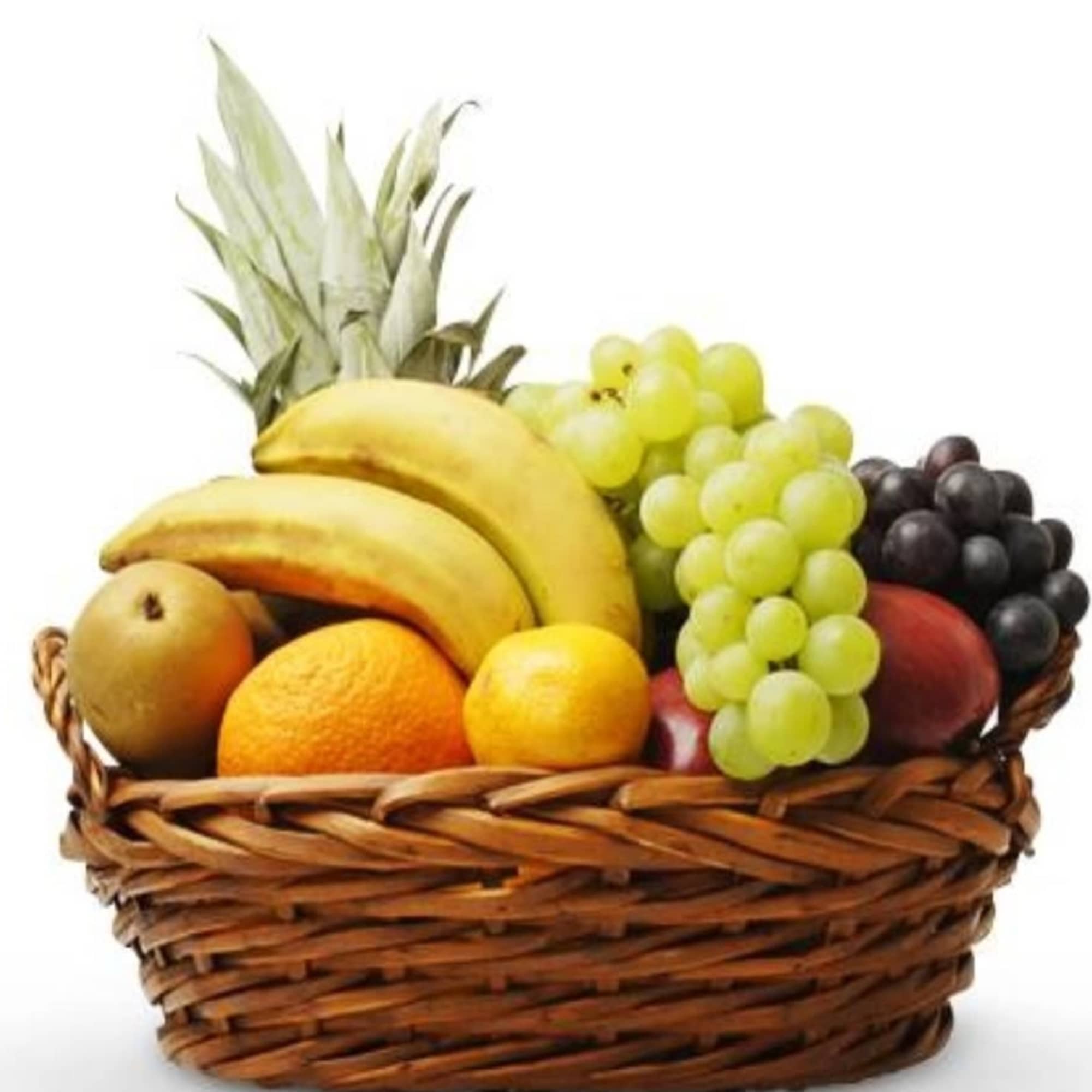 Wicker basket filled with bananas, grapes, oranges, and other fruit