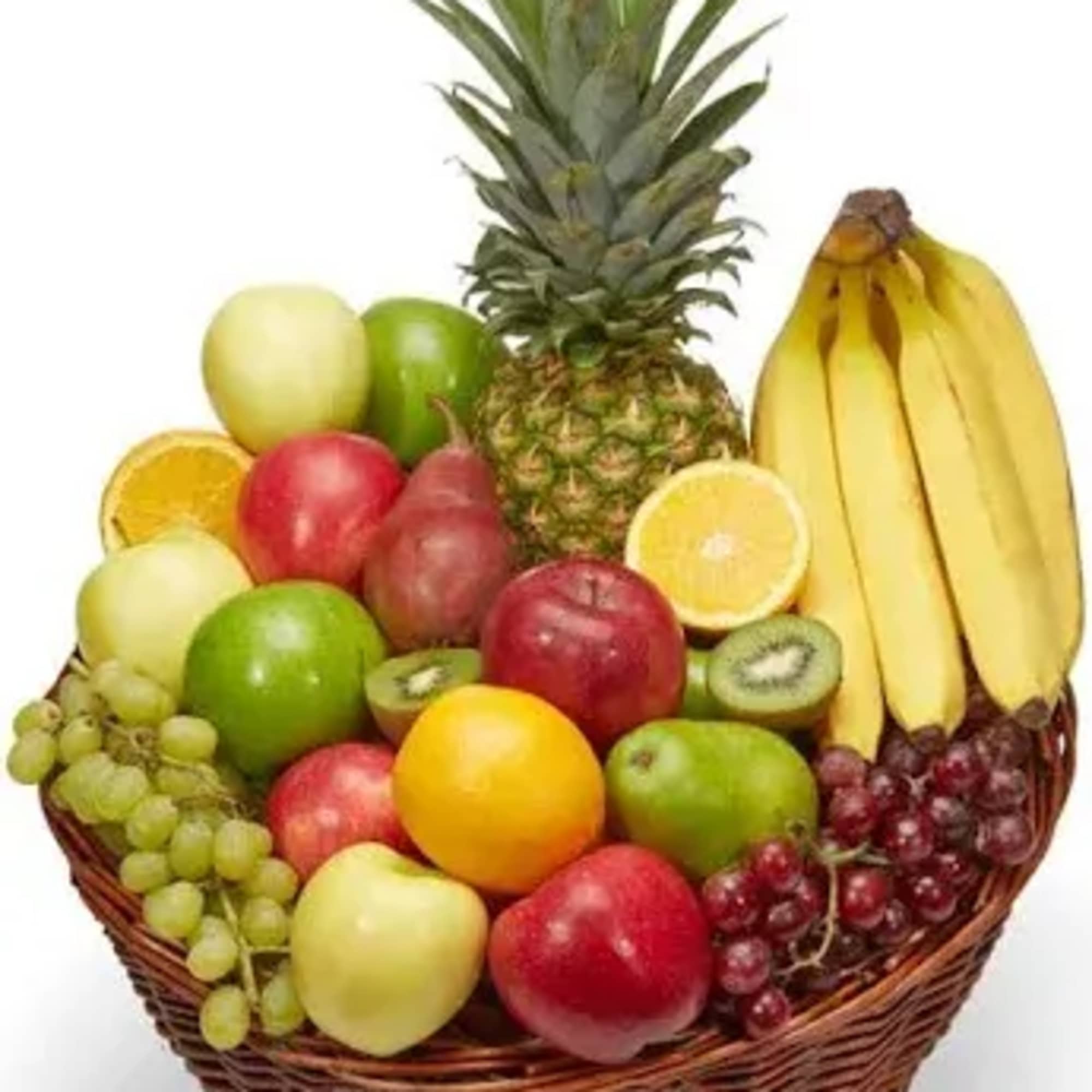Fruit basket with bananas, pineapple, grapes, apples, oranges, and kiwi