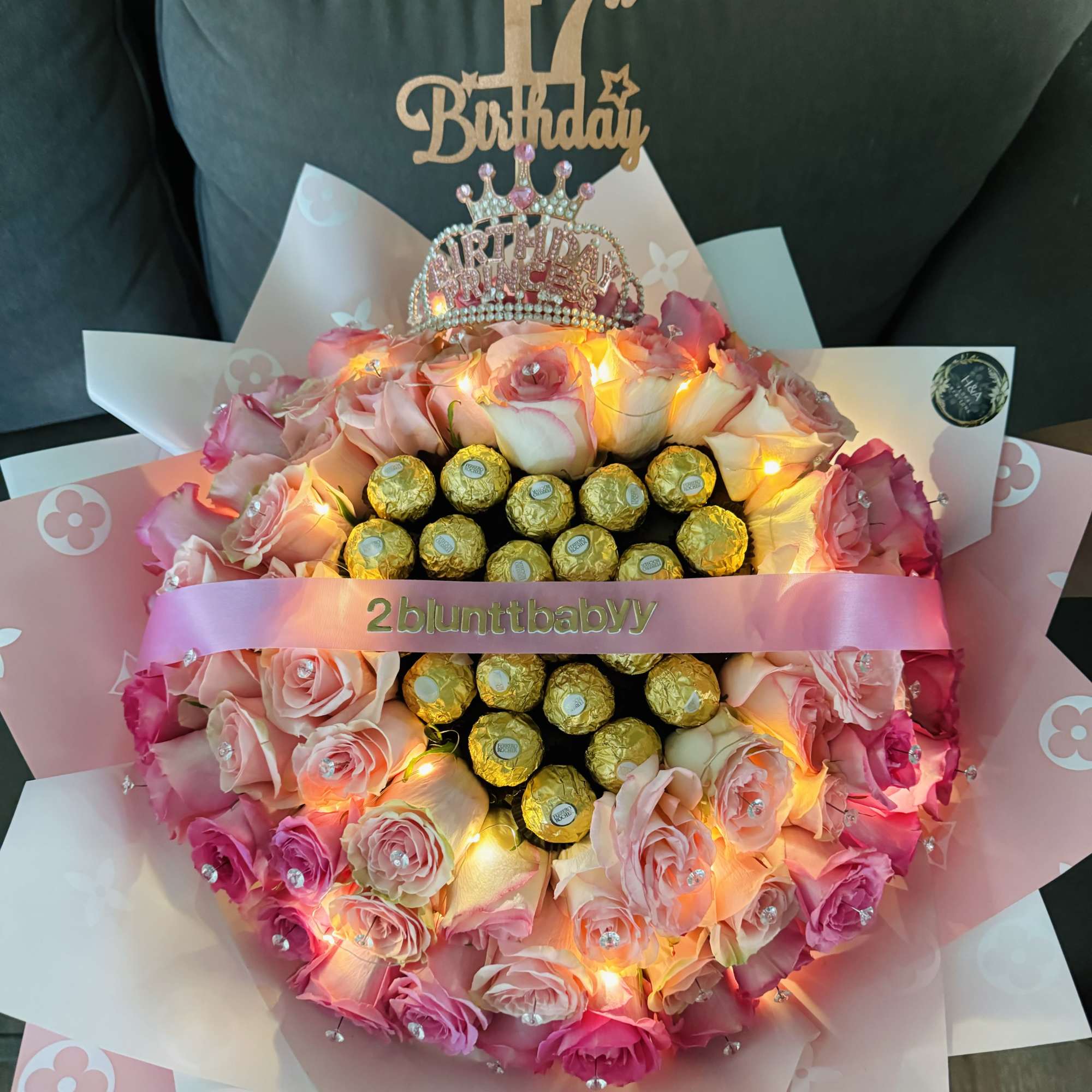 Pink rose bouquet with chocolates and a Happy 17th Birthday topper