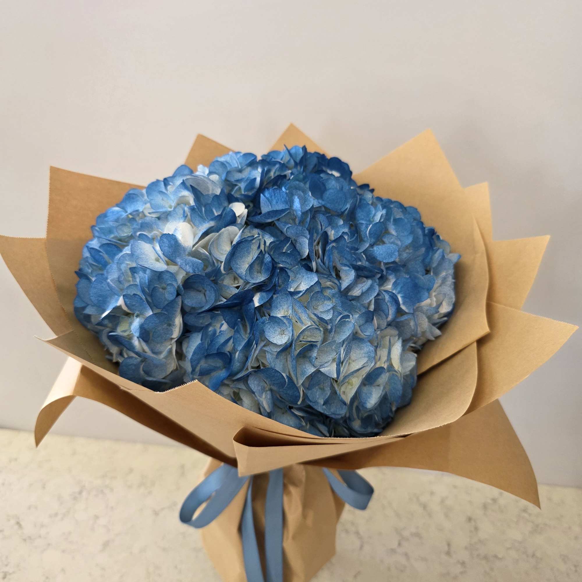 A cloudlike cluster of blue hydrangeas makes an immediate, calming impression-perfect as