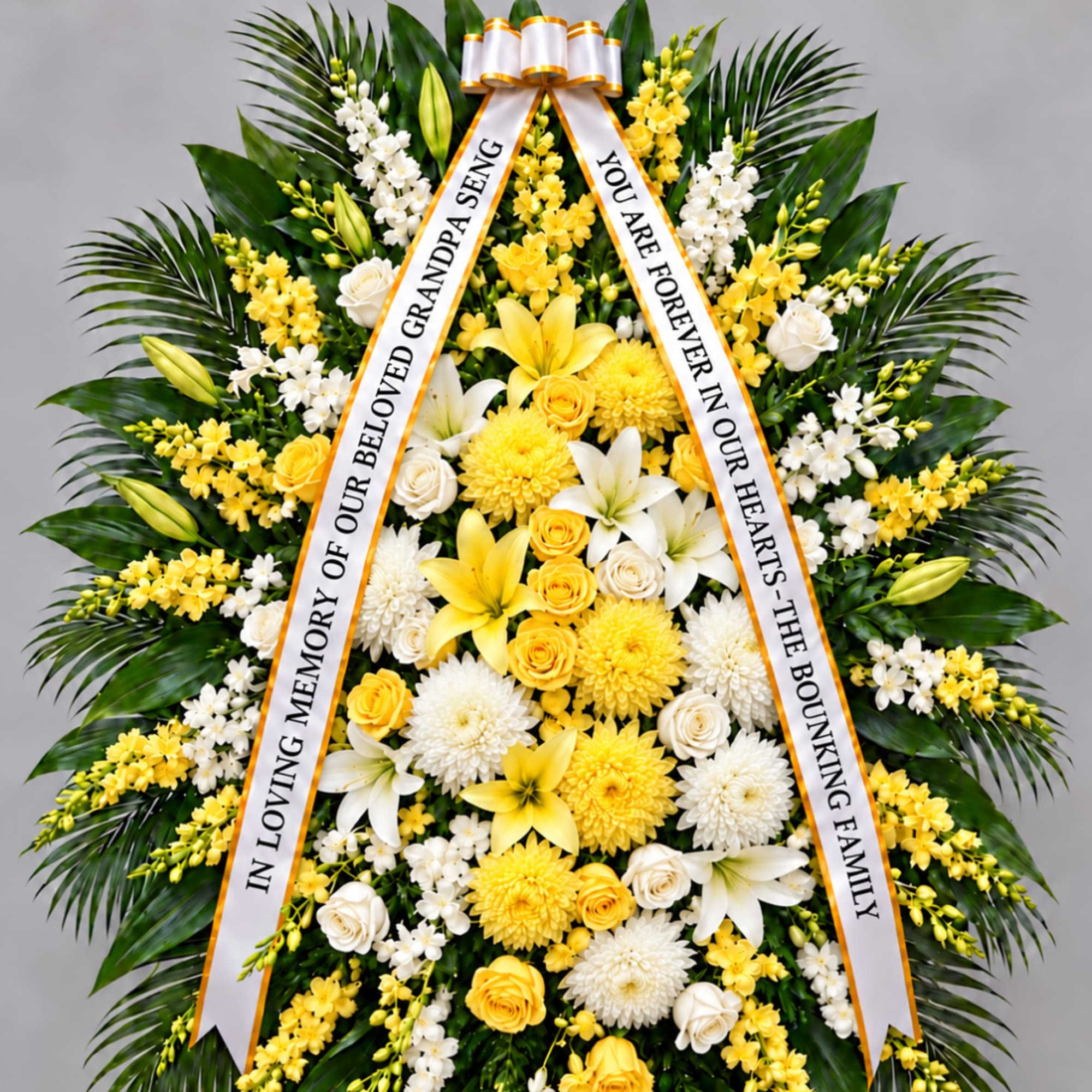 Standing funeral wreath of yellow and white flowers with memorial ribbons