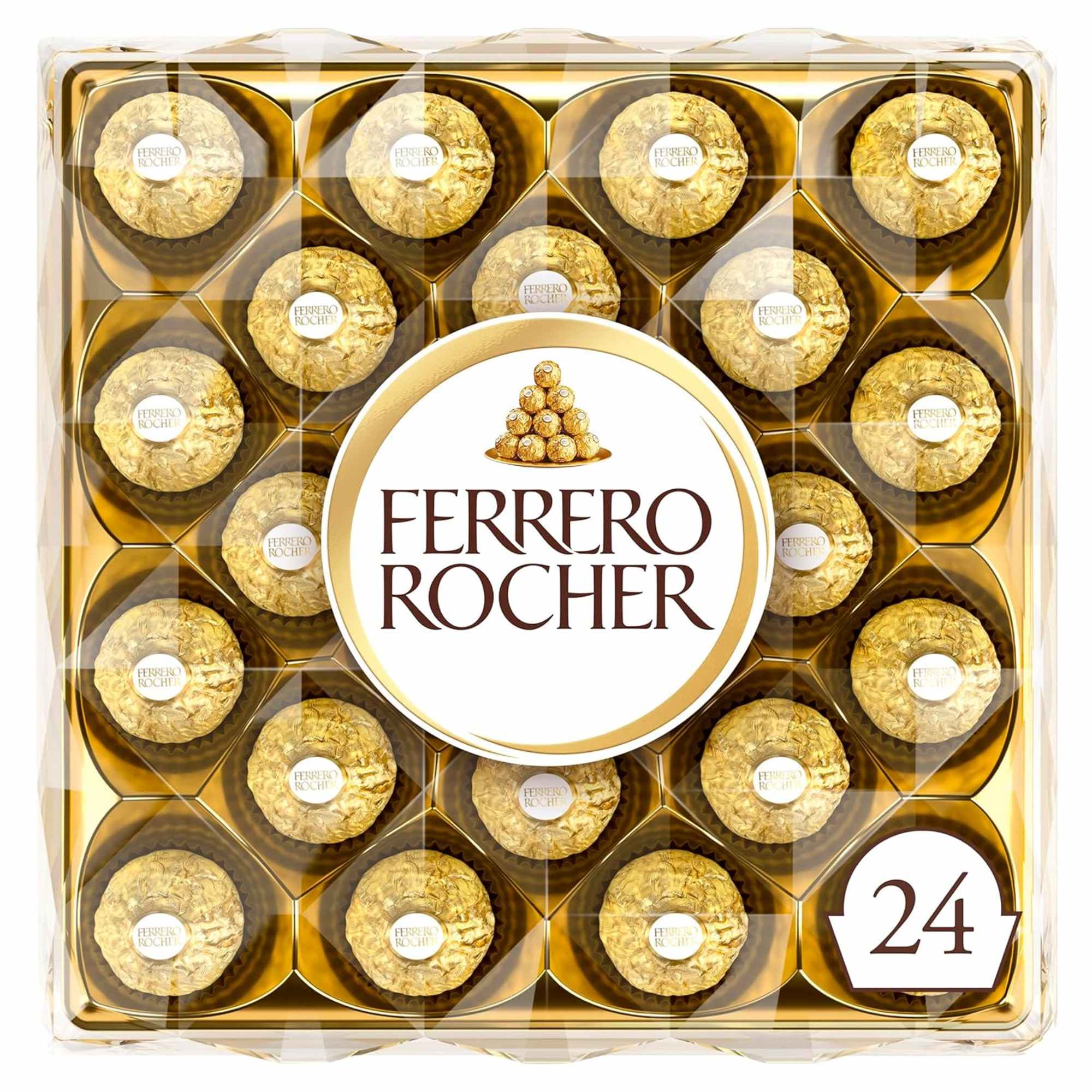 Box of Ferrero Rocher chocolates in gold wrappers