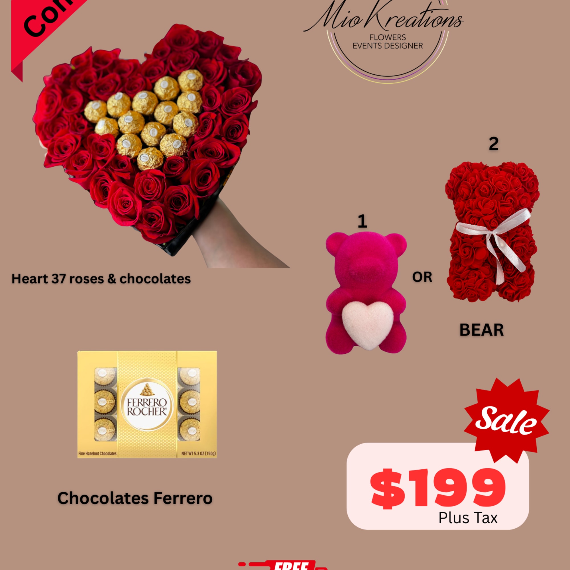 Heart-shaped red rose arrangement with Ferrero Rocher chocolates in the center