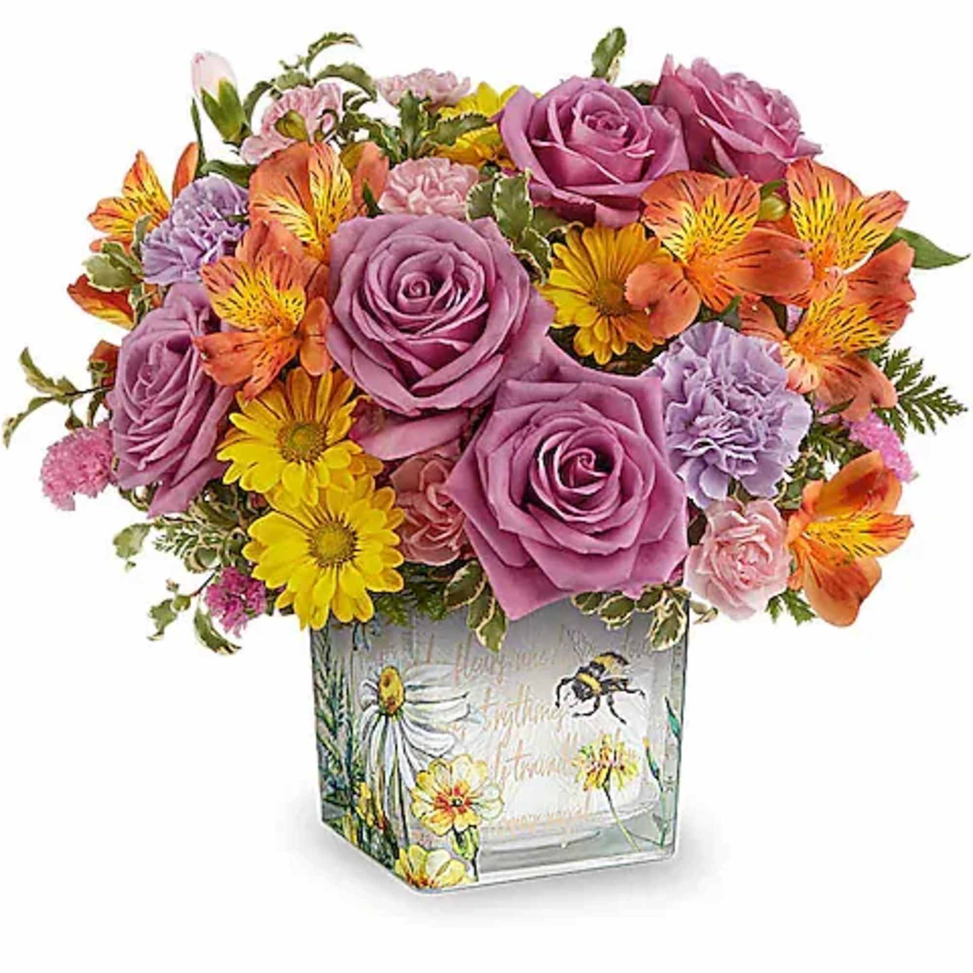 Mixed bouquet of purple roses, yellow daisies, and orange alstroemeria in a decorated vase