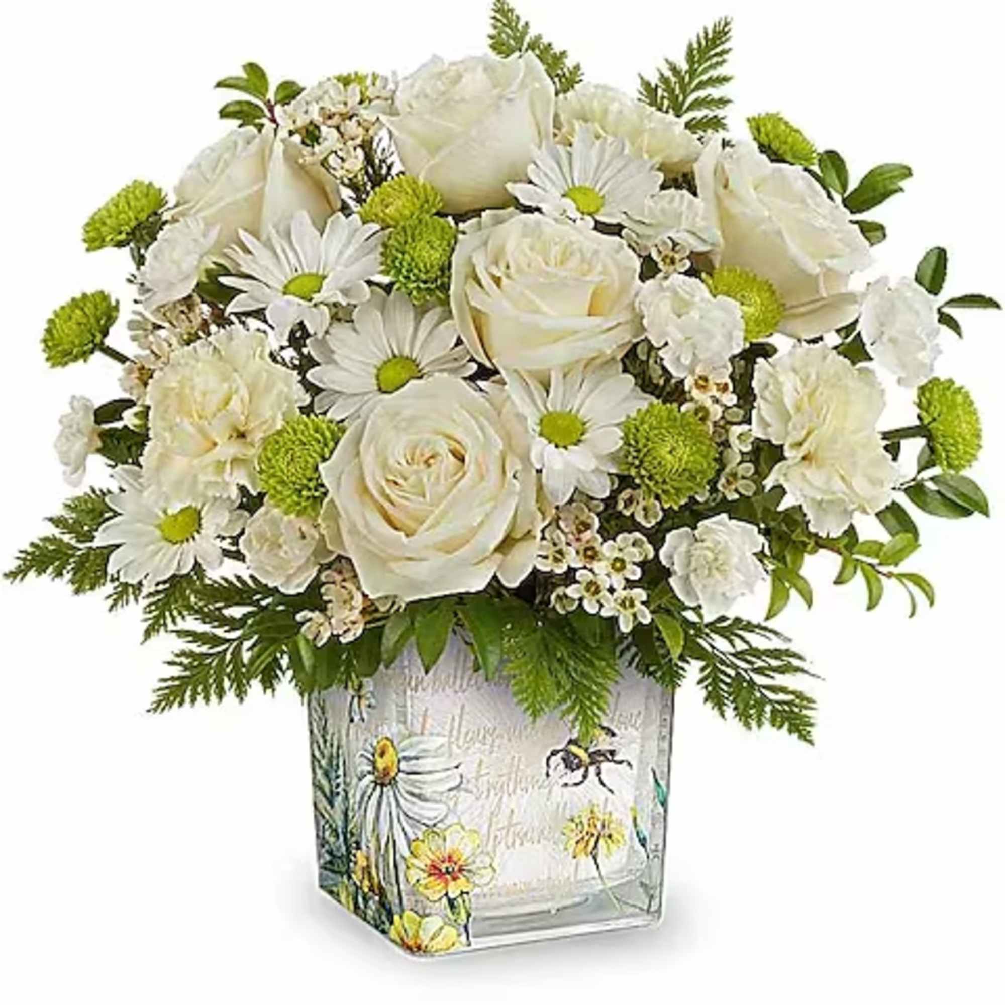 White roses and daisies in a decorated glass vase