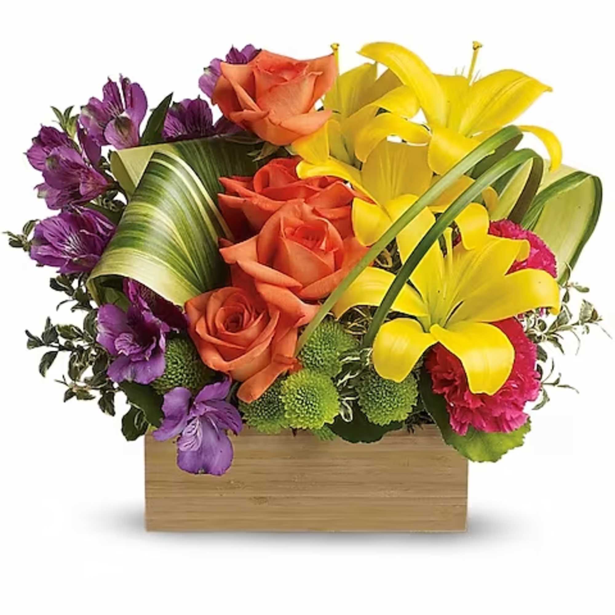 Colorful bouquet with orange roses, yellow lilies, and purple flowers in a wooden box