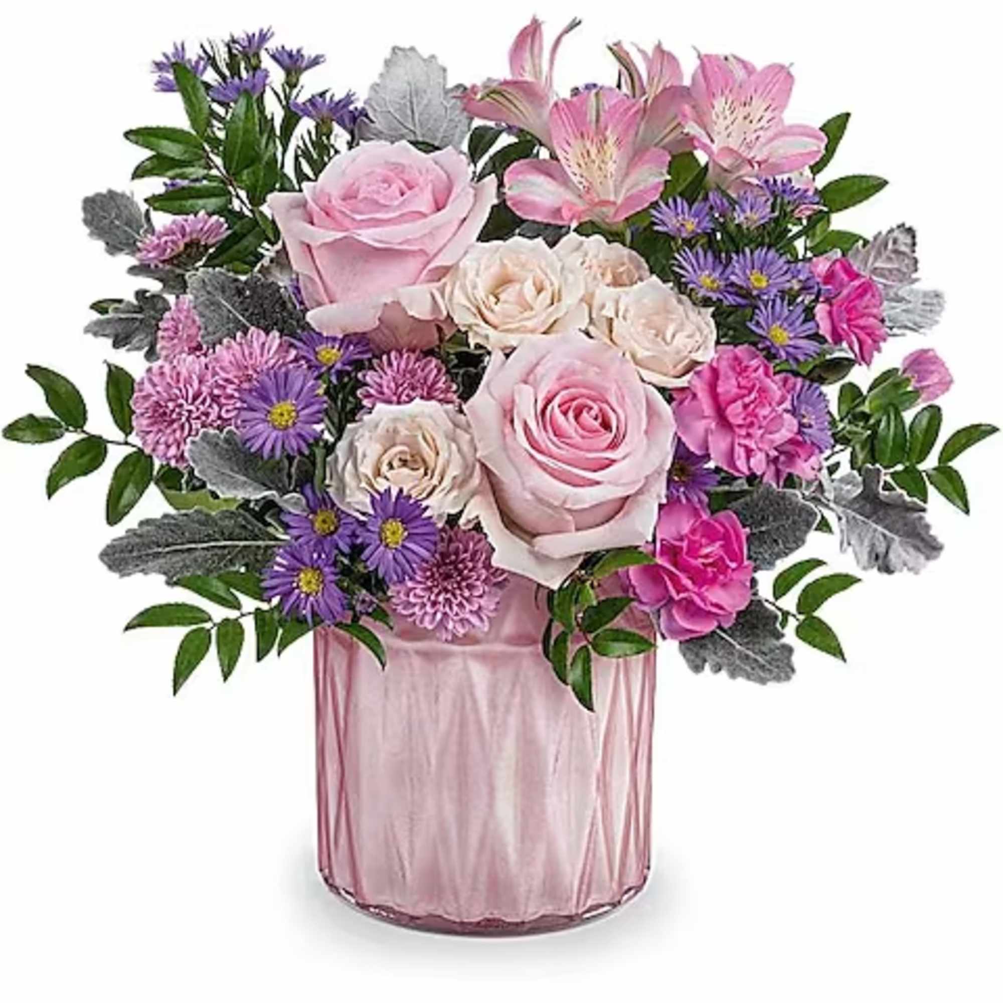Pink and purple mixed bouquet in a pink glass vase